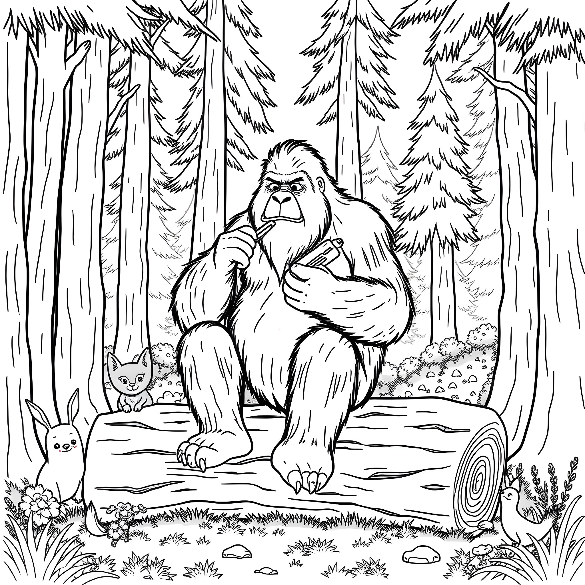 Bigfoot sitting pensively in the forest Coloring Page (free black-and-white line drawing printable PDF for all, from beginners to advanced learners, including children, teens, adults, and seniors)
