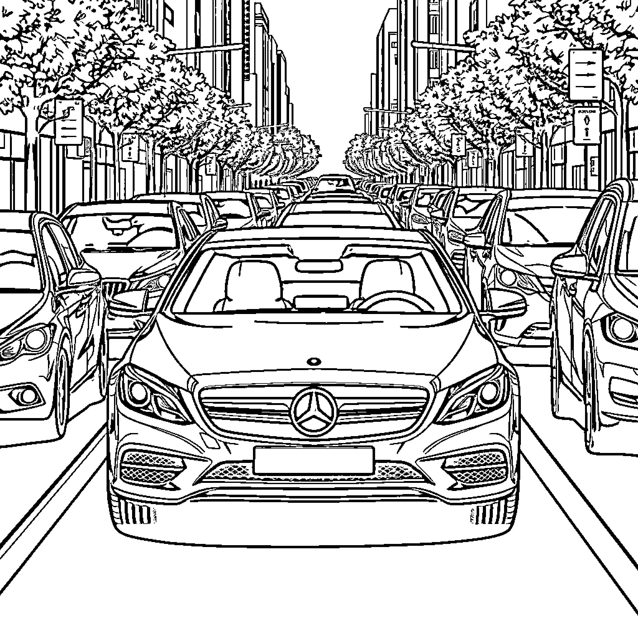 Mercedes vehicles in a busy city street Coloring Page (free black-and-white line drawing printable PDF for all, from beginners to advanced learners, including children, teens, adults, and seniors)