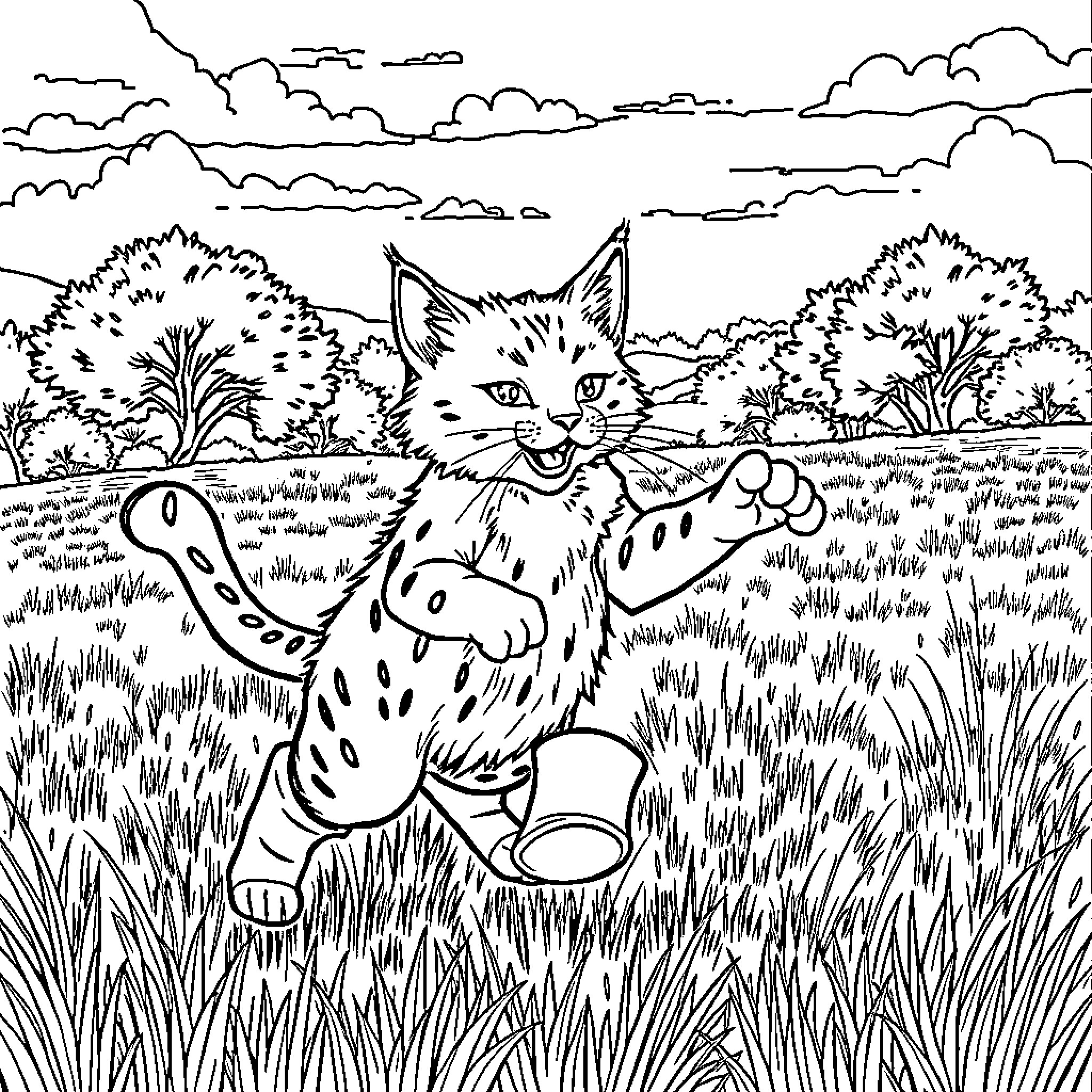 Gato playing happily in the field Coloring Page (free black-and-white line drawing printable PDF for all, from beginners to advanced learners, including children, teens, adults, and seniors)