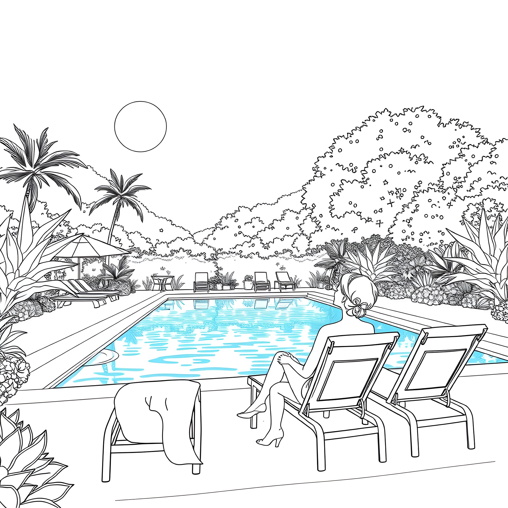 Woman relaxing by the tropical pool under the moonlight Coloring Page (free black-and-white line drawing printable PDF for all, from beginners to advanced learners, including children, teens, adults, and seniors)