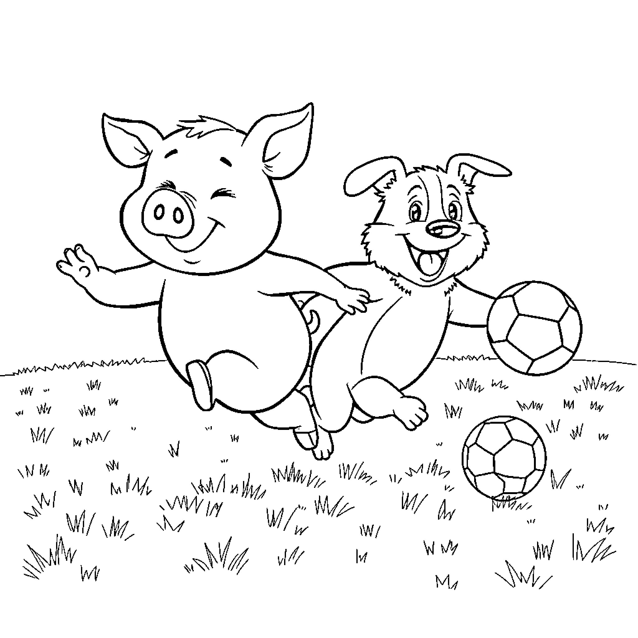 Pig and dog playing with soccer balls Coloring Page (free black-and-white line drawing printable PDF for all, from beginners to advanced learners, including children, teens, adults, and seniors)