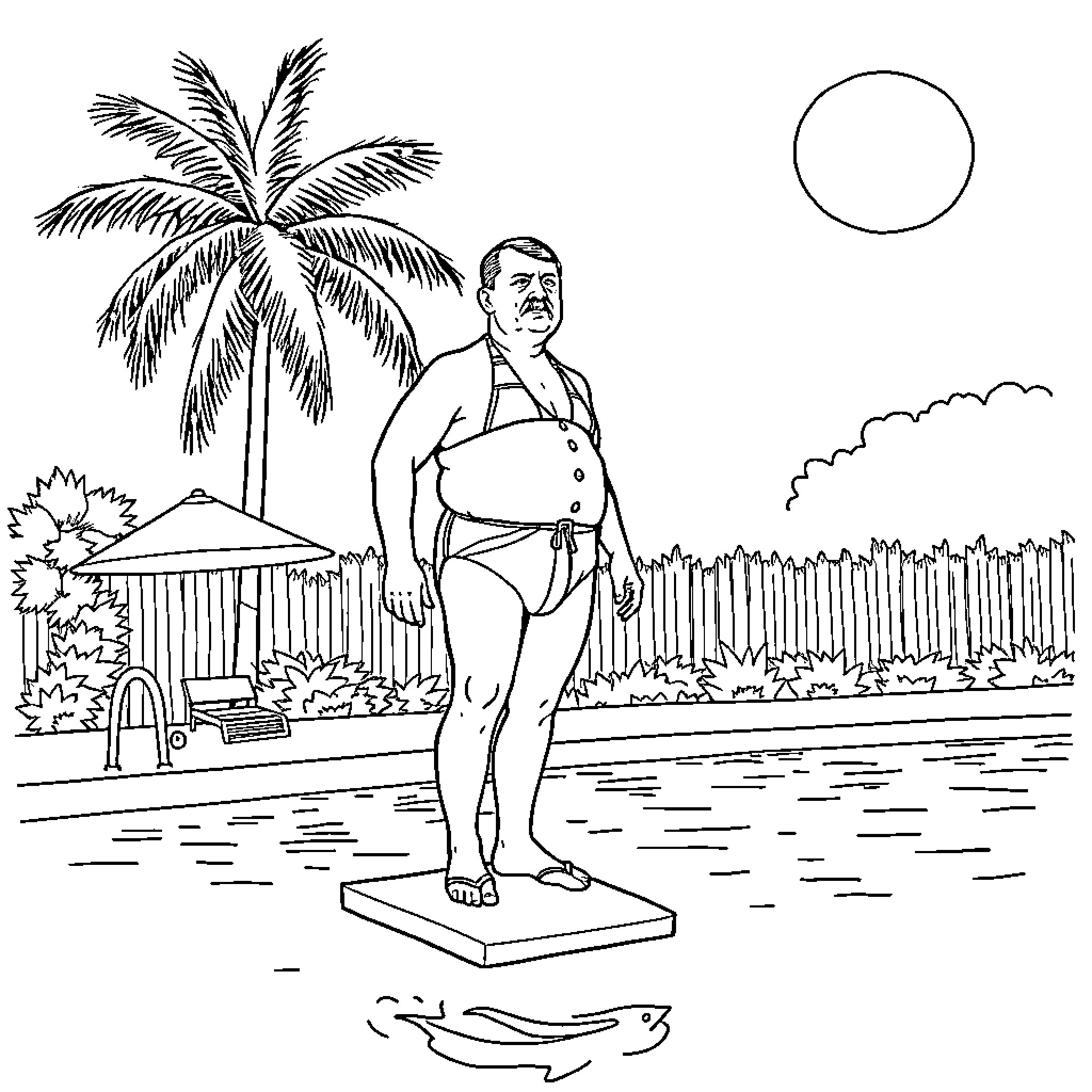 Adolf Hitler's Tropical Vacation Coloring Page (free black-and-white line drawing printable PDF for all, from beginners to advanced learners, including children, teens, adults, and seniors)