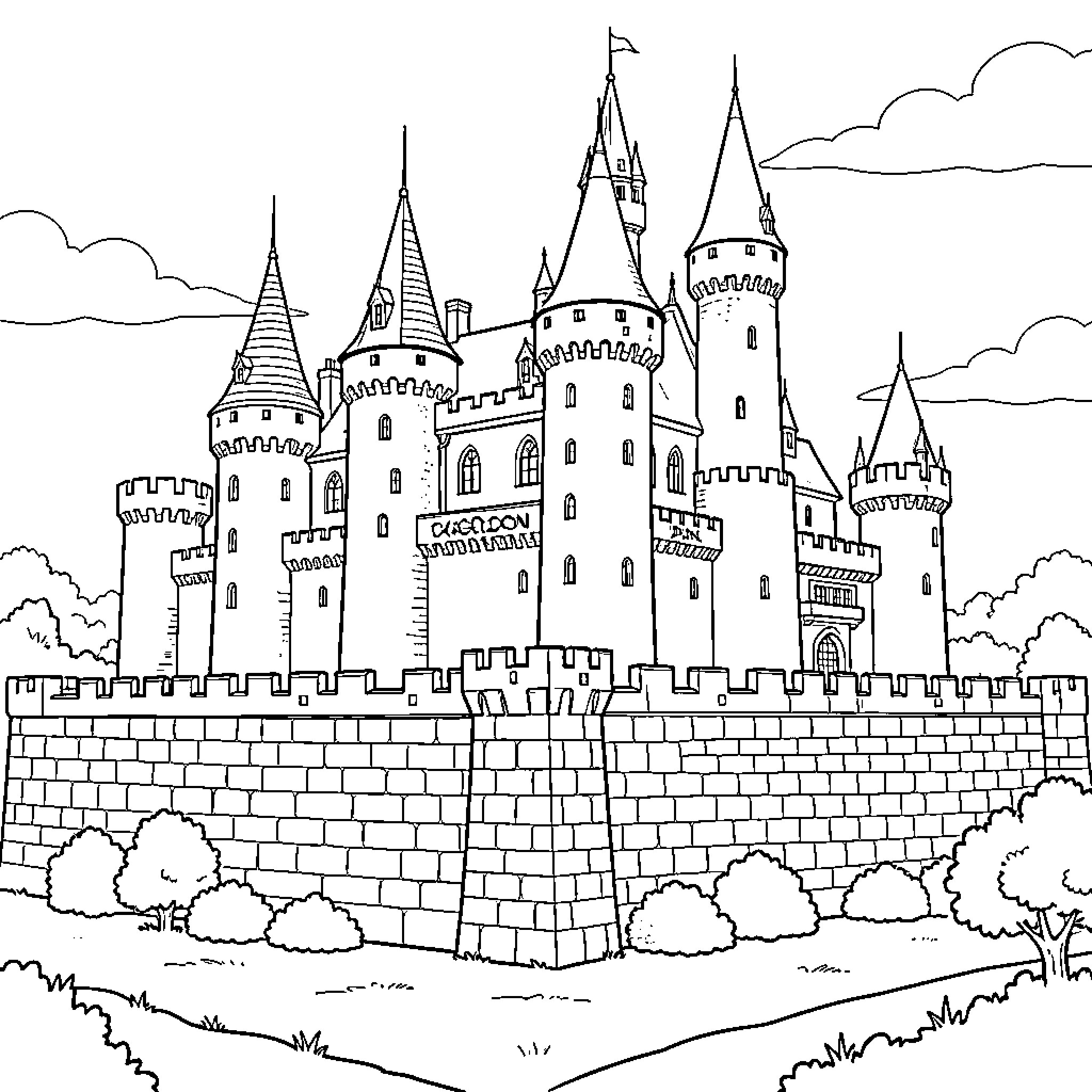 Dragon guarding a majestic castle with many tall towers Coloring Page (free black-and-white line drawing printable PDF for all, from beginners to advanced learners, including children, teens, adults, and seniors)