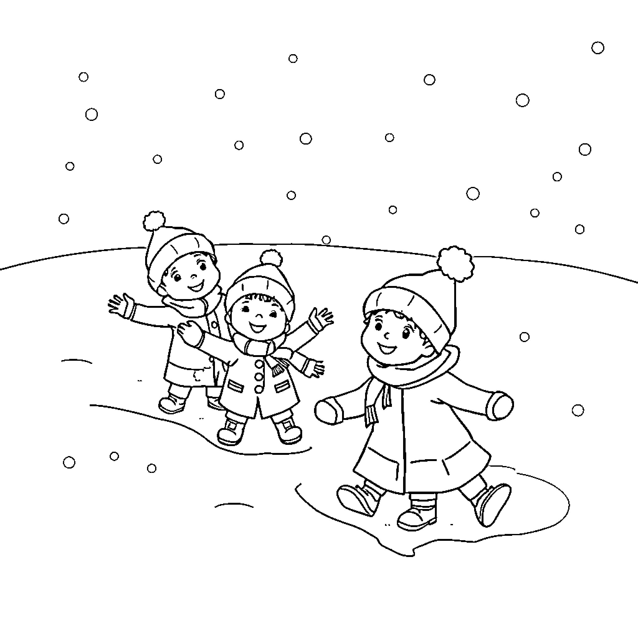 Children Playing in the Snow Coloring Page (free black-and-white line drawing printable PDF for all, from beginners to advanced learners, including children, teens, adults, and seniors)