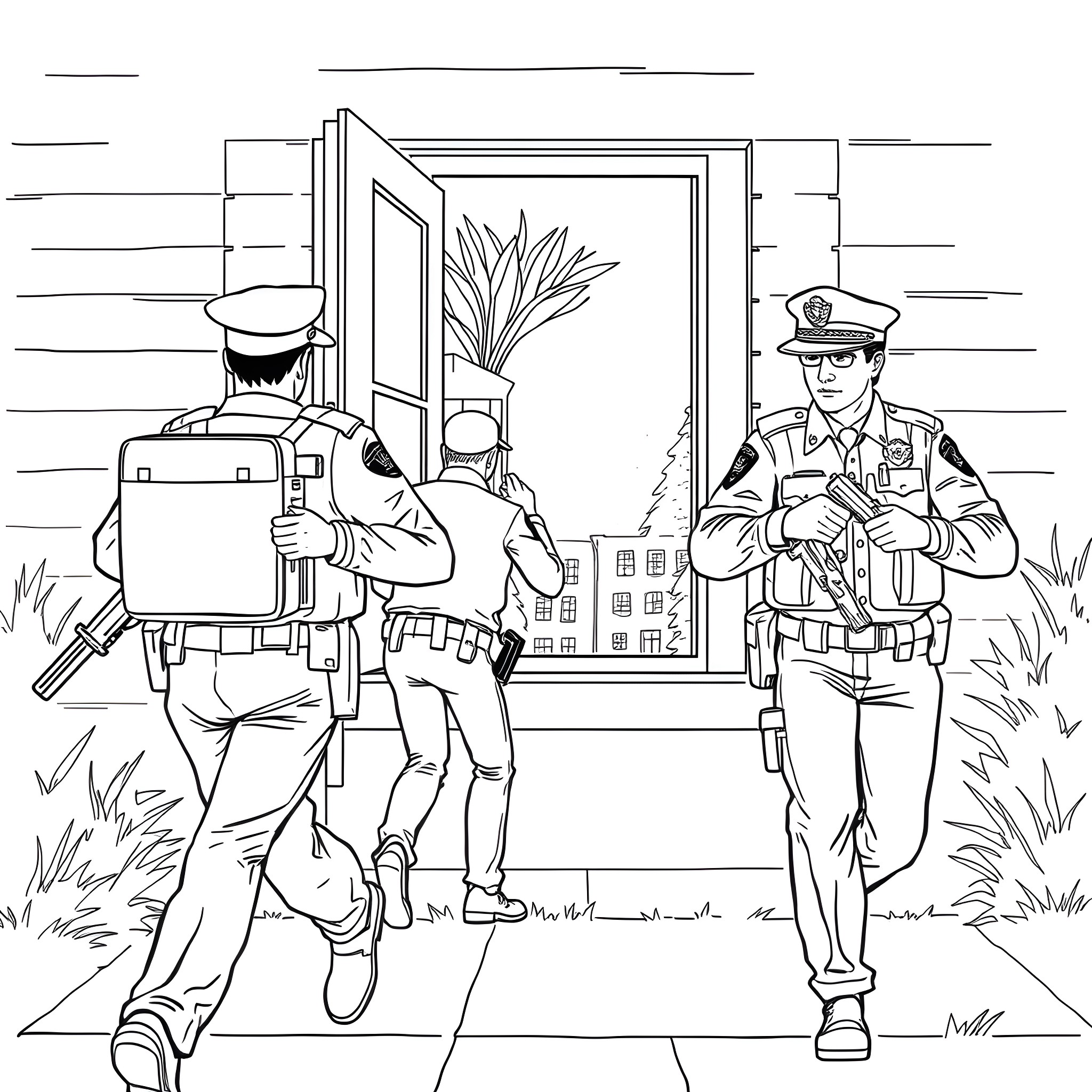 Police officers responding to a call Coloring Page (free black-and-white line drawing printable PDF for all, from beginners to advanced learners, including children, teens, adults, and seniors)