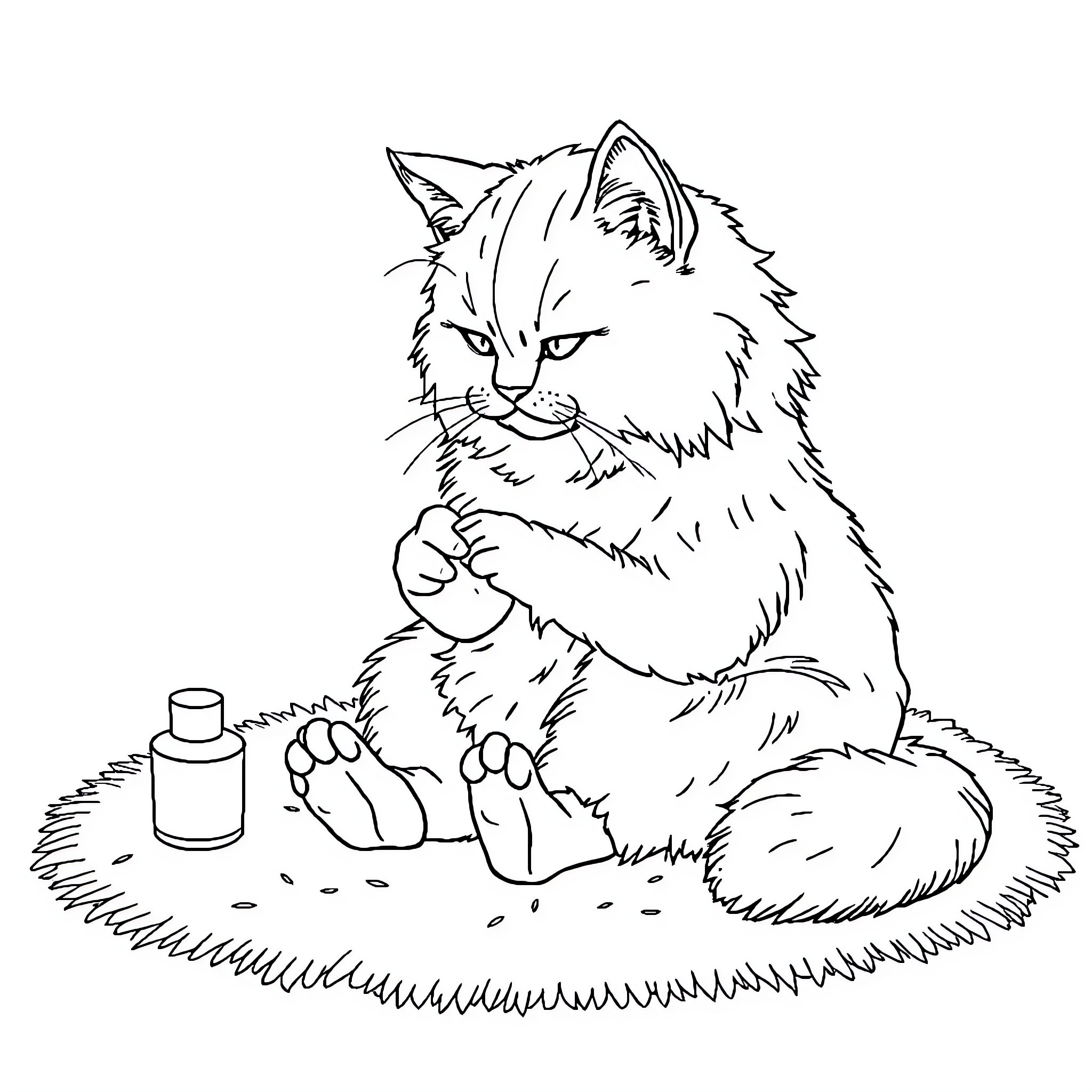 Cat grooming itself comfortably on the floor Coloring Page (free black-and-white line drawing printable PDF for all, from beginners to advanced learners, including children, teens, adults, and seniors)