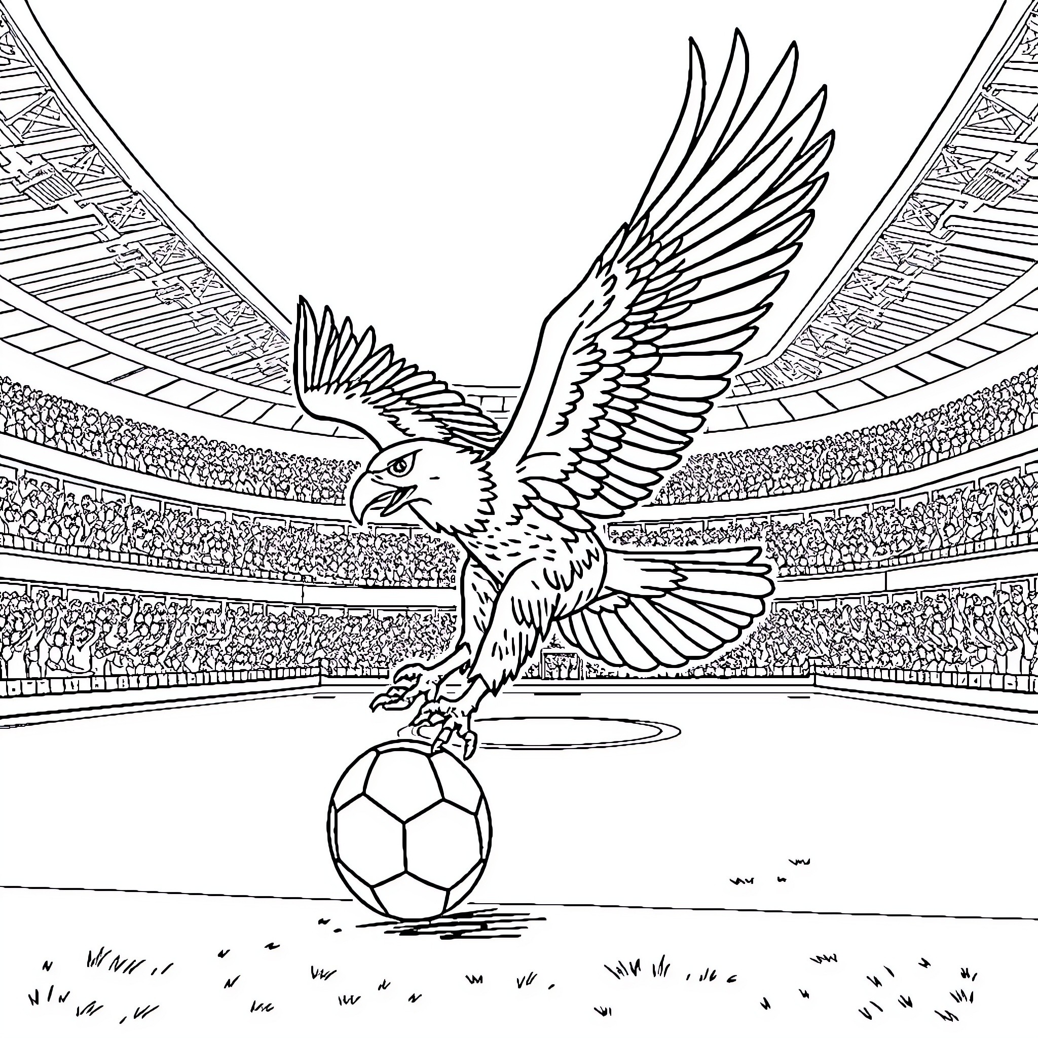 Eagle soaring majestically in a sports stadium Coloring Page (free black-and-white line drawing printable PDF for all, from beginners to advanced learners, including children, teens, adults, and seniors)