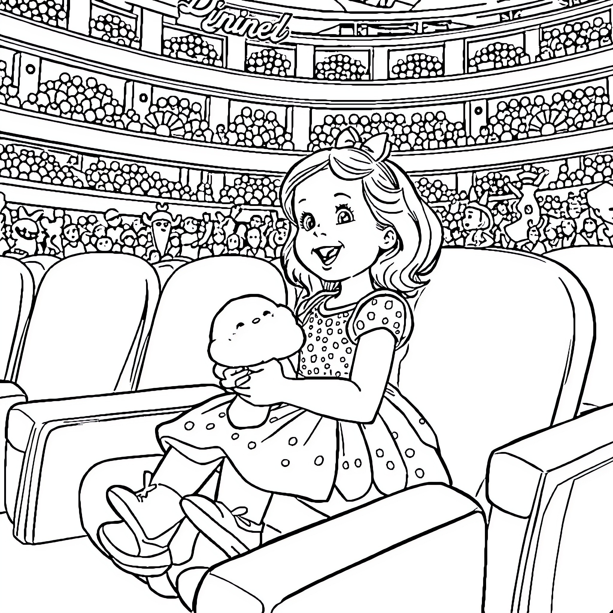 Girl enjoying a performance in the theater Coloring Page (free black-and-white line drawing printable PDF for all, from beginners to advanced learners, including children, teens, adults, and seniors)
