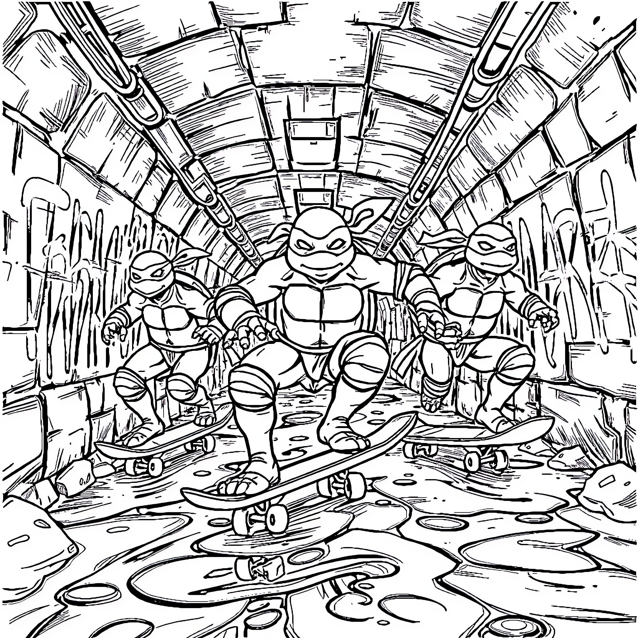 Ninja Turtles in action-packed scene Coloring Page (free black-and-white line drawing printable PDF for all, from beginners to advanced learners, including children, teens, adults, and seniors)