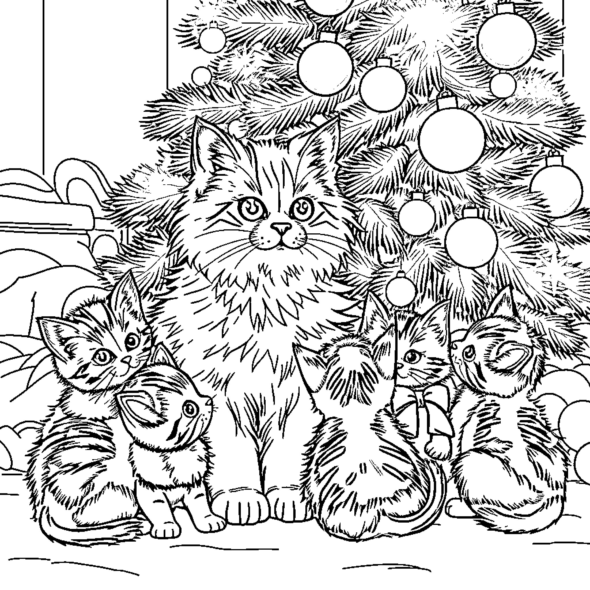 Cat family in festive holiday scene Coloring Page (free black-and-white line drawing printable PDF for all, from beginners to advanced learners, including children, teens, adults, and seniors)