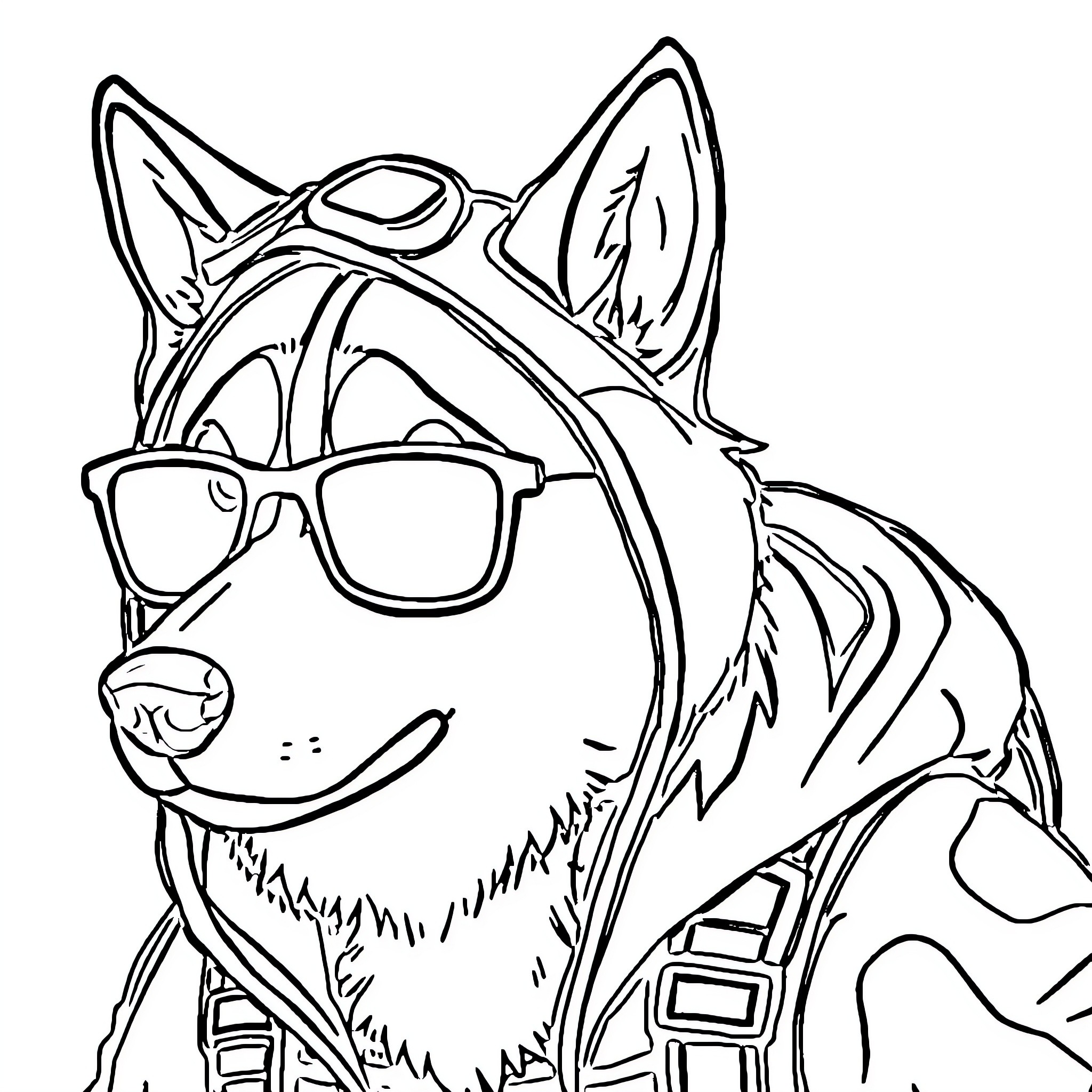 Husky wearing stylish glasses Coloring Page (free black-and-white line drawing printable PDF for all, from beginners to advanced learners, including children, teens, adults, and seniors)