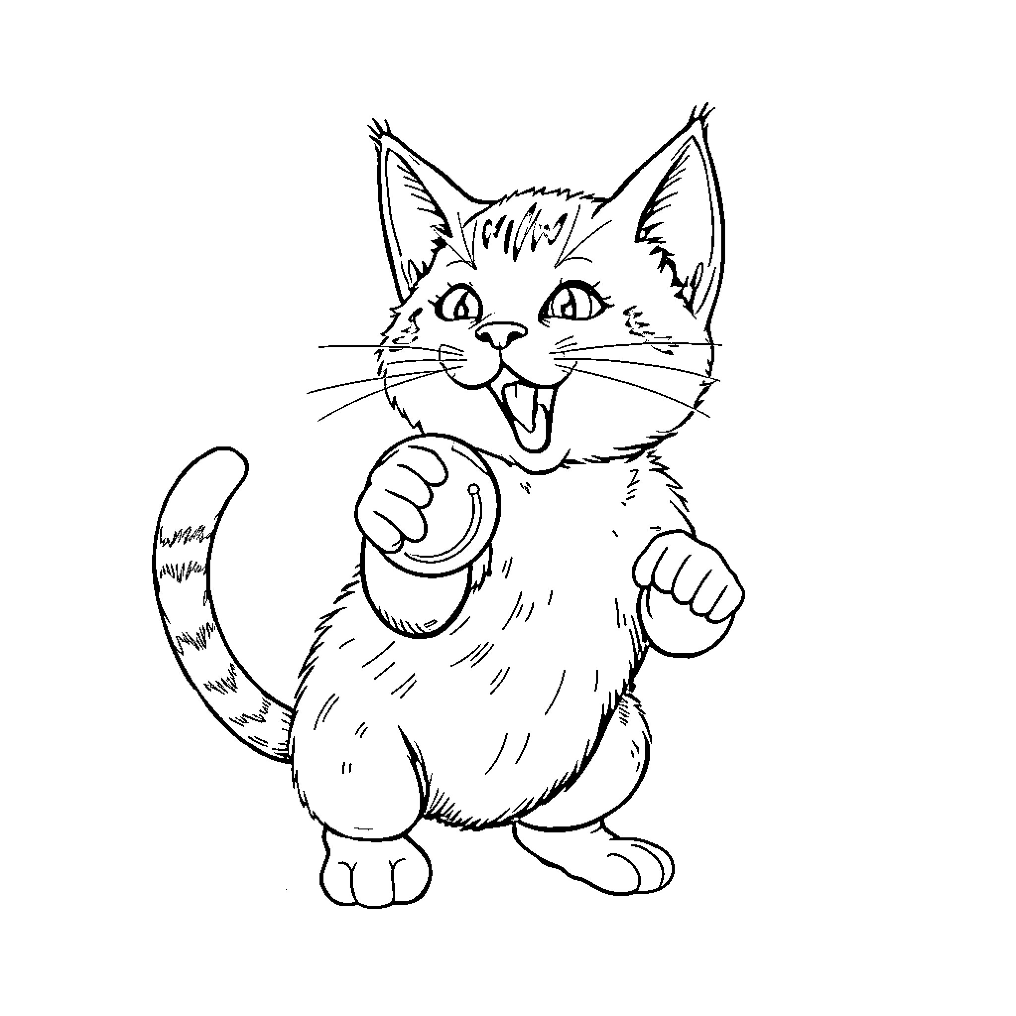Kitten Holding a Ball Playfully Coloring Page (free black-and-white line drawing printable PDF for all, from beginners to advanced learners, including children, teens, adults, and seniors)