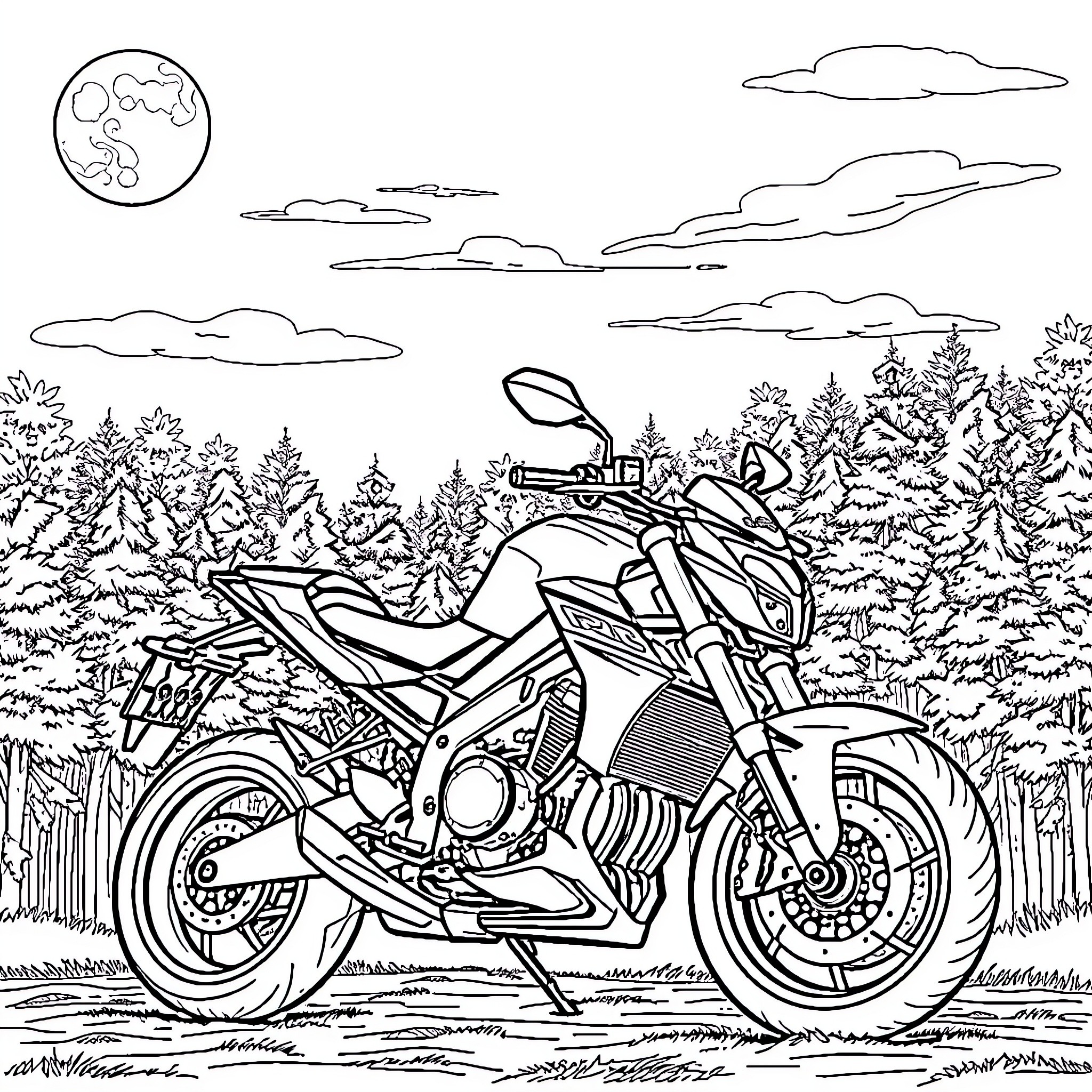 Motorcycle Speeding Through Snowy Forest Landscape Coloring Page (free black-and-white line drawing printable PDF for all, from beginners to advanced learners, including children, teens, adults, and seniors)