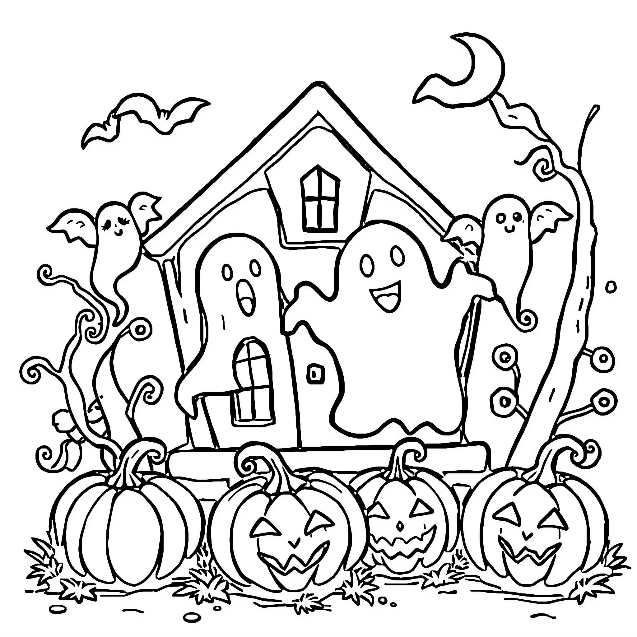 Halloween Haunted House with Spooky Ghosts and Pumpkins Coloring Page (free black-and-white line drawing printable PDF for all, from beginners to advanced learners, including children, teens, adults, and seniors)
