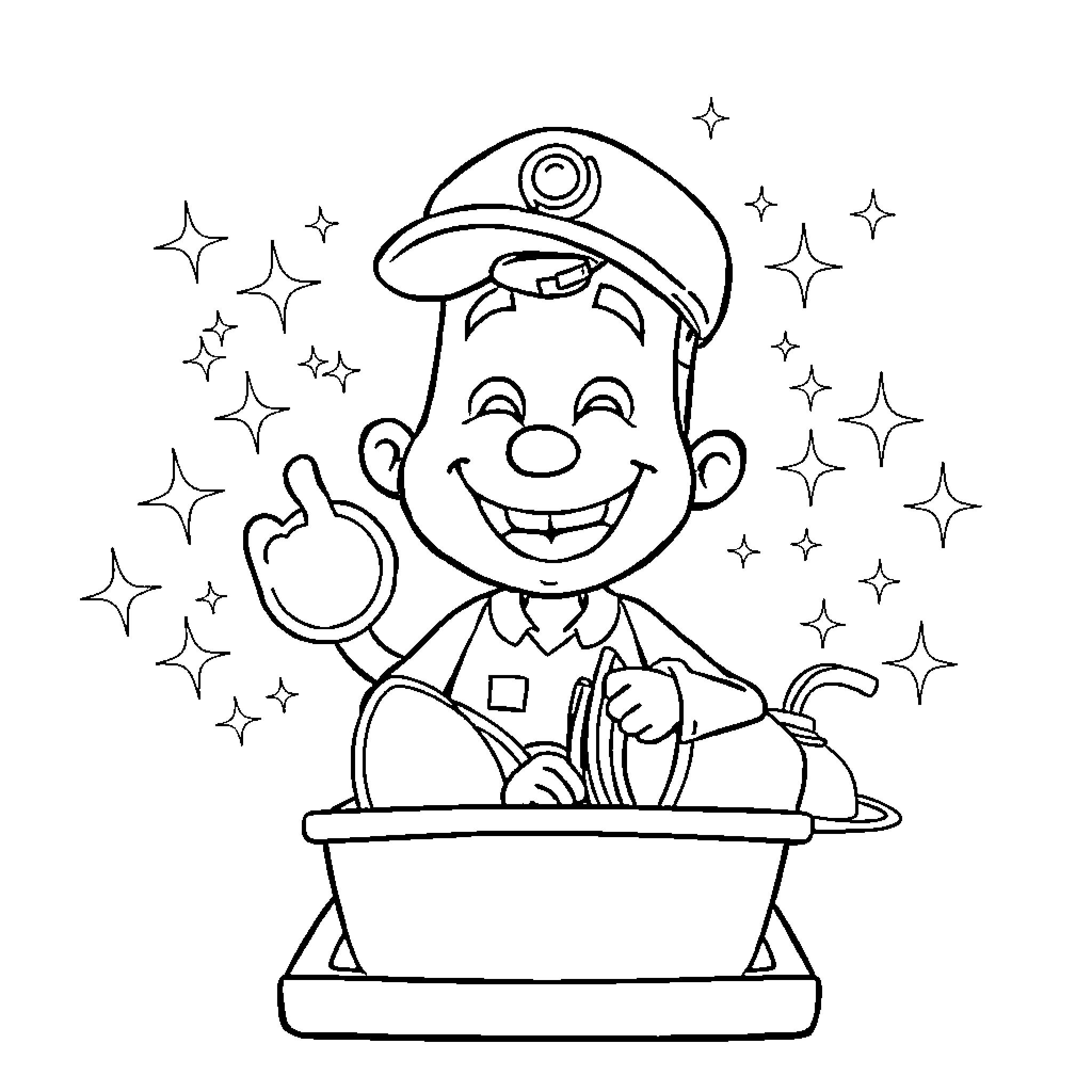 Dishwasher worker happily cleaning dishes Coloring Page (free black-and-white line drawing printable PDF for all, from beginners to advanced learners, including children, teens, adults, and seniors)