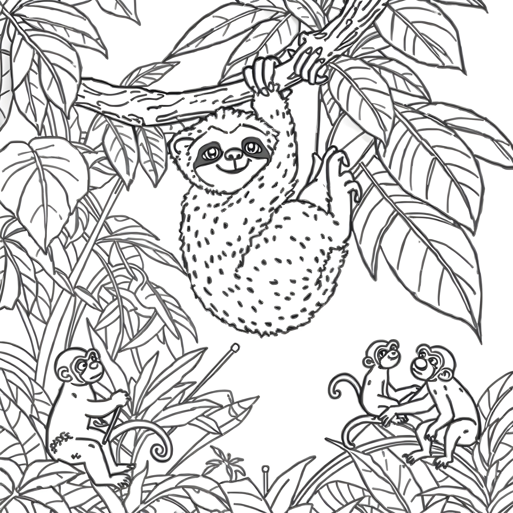 Sloth relaxing peacefully among tropical foliage Coloring Page (free black-and-white line drawing printable PDF for all, from beginners to advanced learners, including children, teens, adults, and seniors)