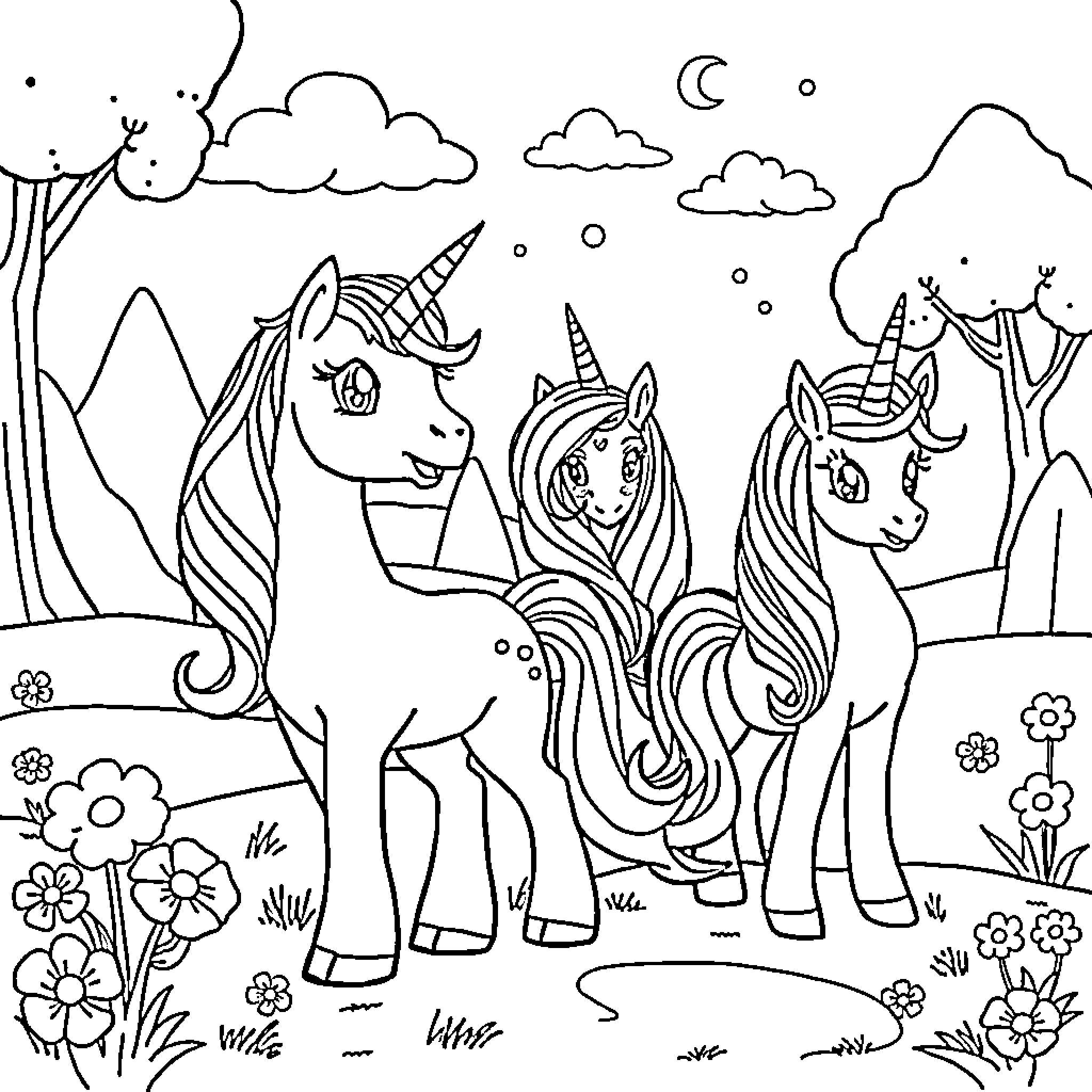 Unicorn Companions in the Enchanted Landscape Coloring Page (free black-and-white line drawing printable PDF for all, from beginners to advanced learners, including children, teens, adults, and seniors)