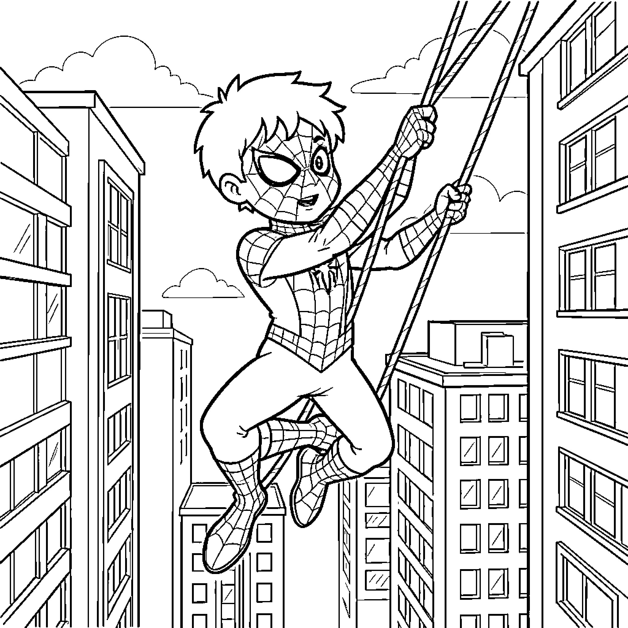 Spiderman swinging between tall city buildings Coloring Page (free black-and-white line drawing printable PDF for all, from beginners to advanced learners, including children, teens, adults, and seniors)