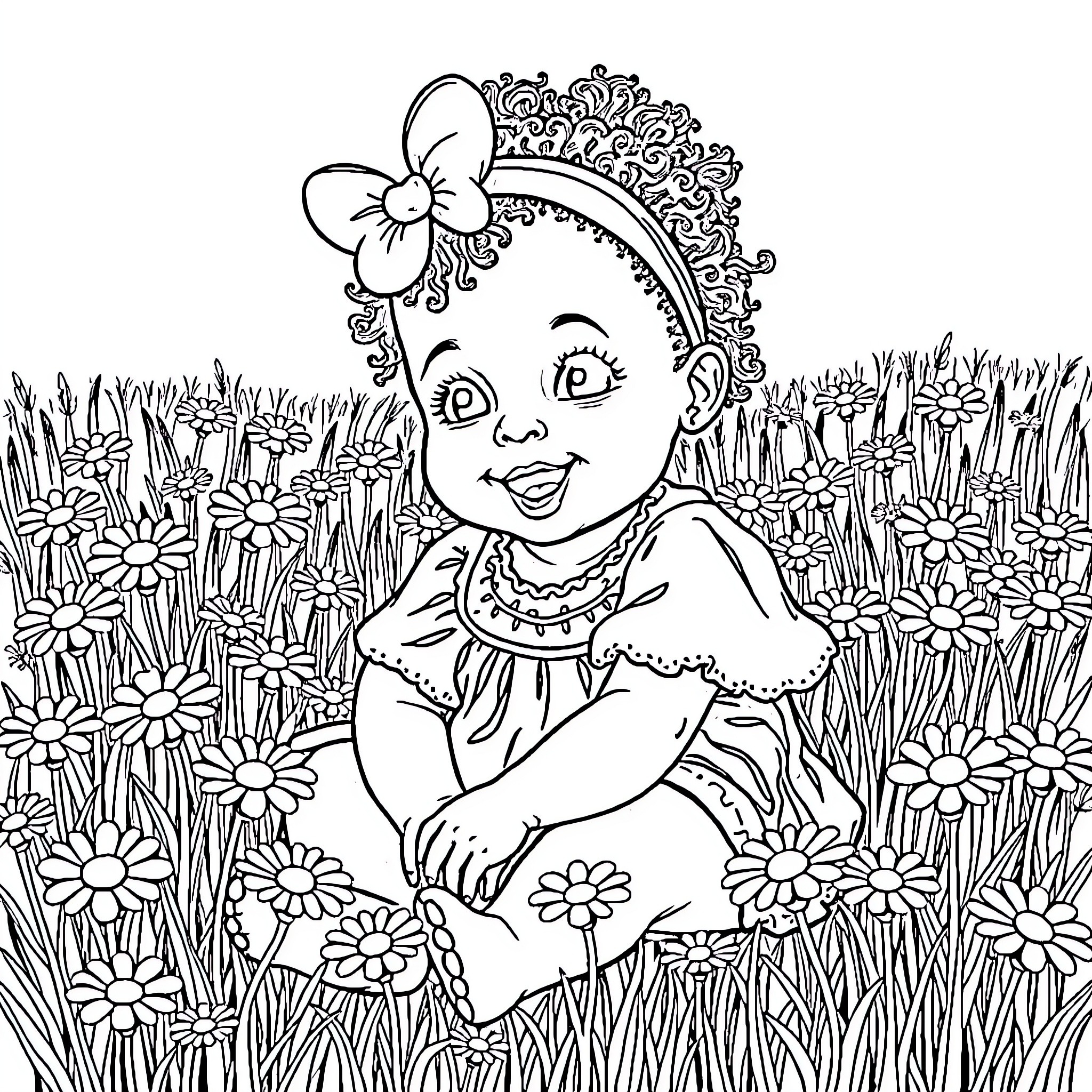 Baby Girl Playing in Flower Field Coloring Page (free black-and-white line drawing printable PDF for all, from beginners to advanced learners, including children, teens, adults, and seniors)