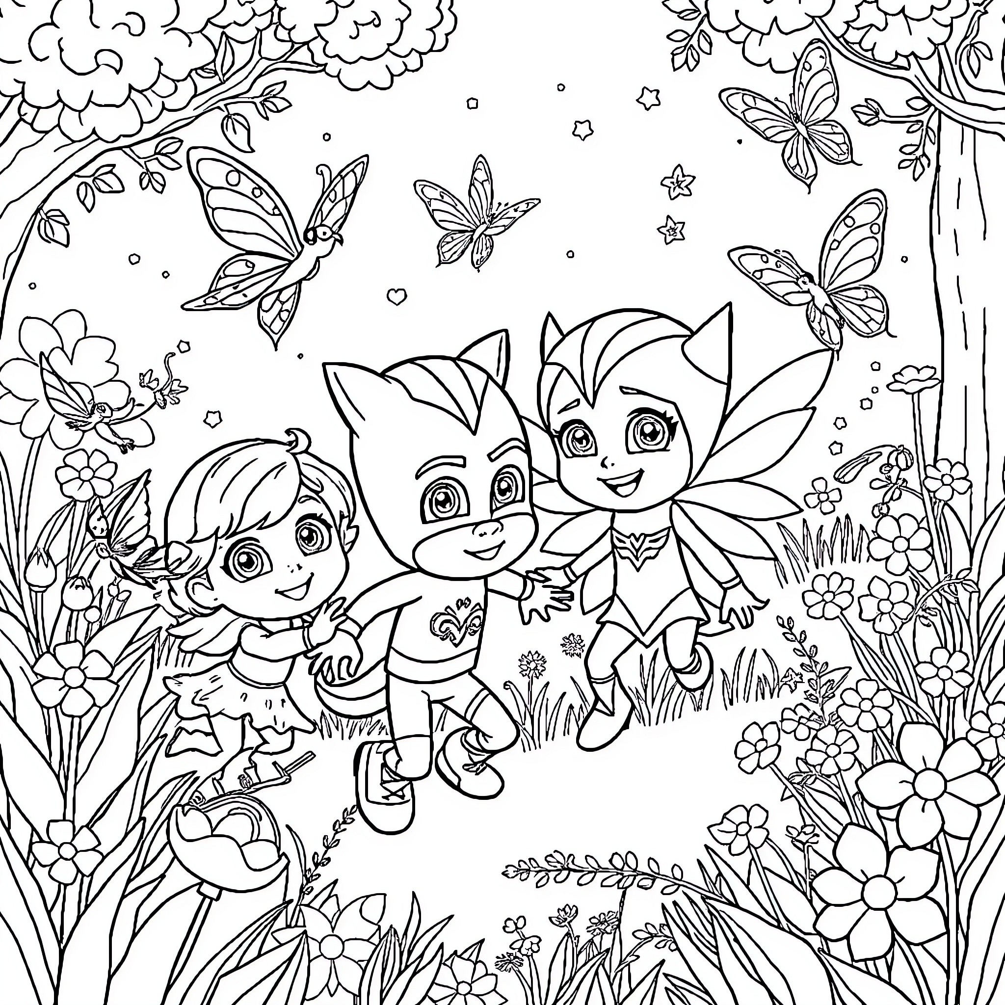 PJ Masks characters exploring a magical garden Coloring Page (free black-and-white line drawing printable PDF for all, from beginners to advanced learners, including children, teens, adults, and seniors)