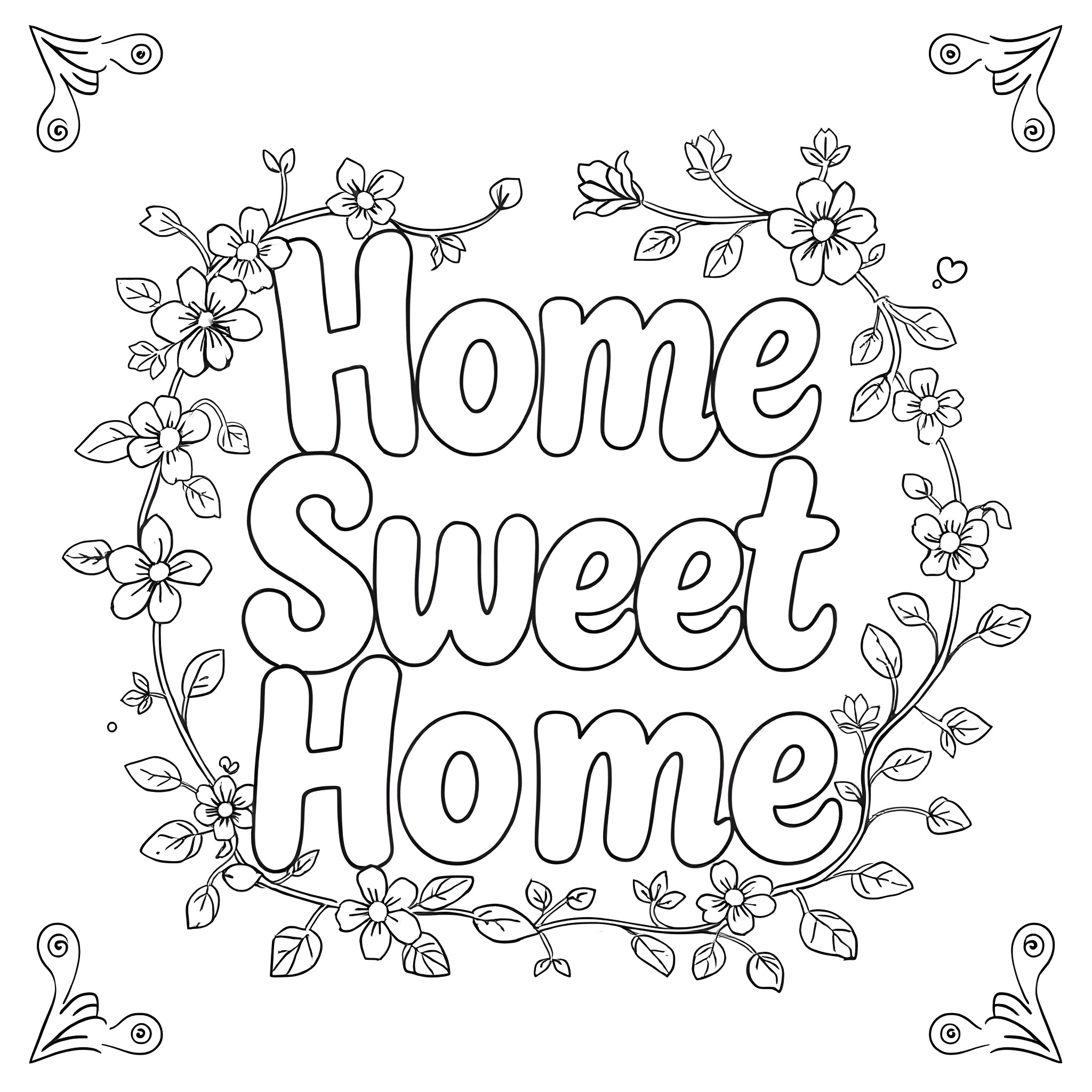 Home sweet home with floral decorations Coloring Page (free black-and-white line drawing printable PDF for all, from beginners to advanced learners, including children, teens, adults, and seniors)