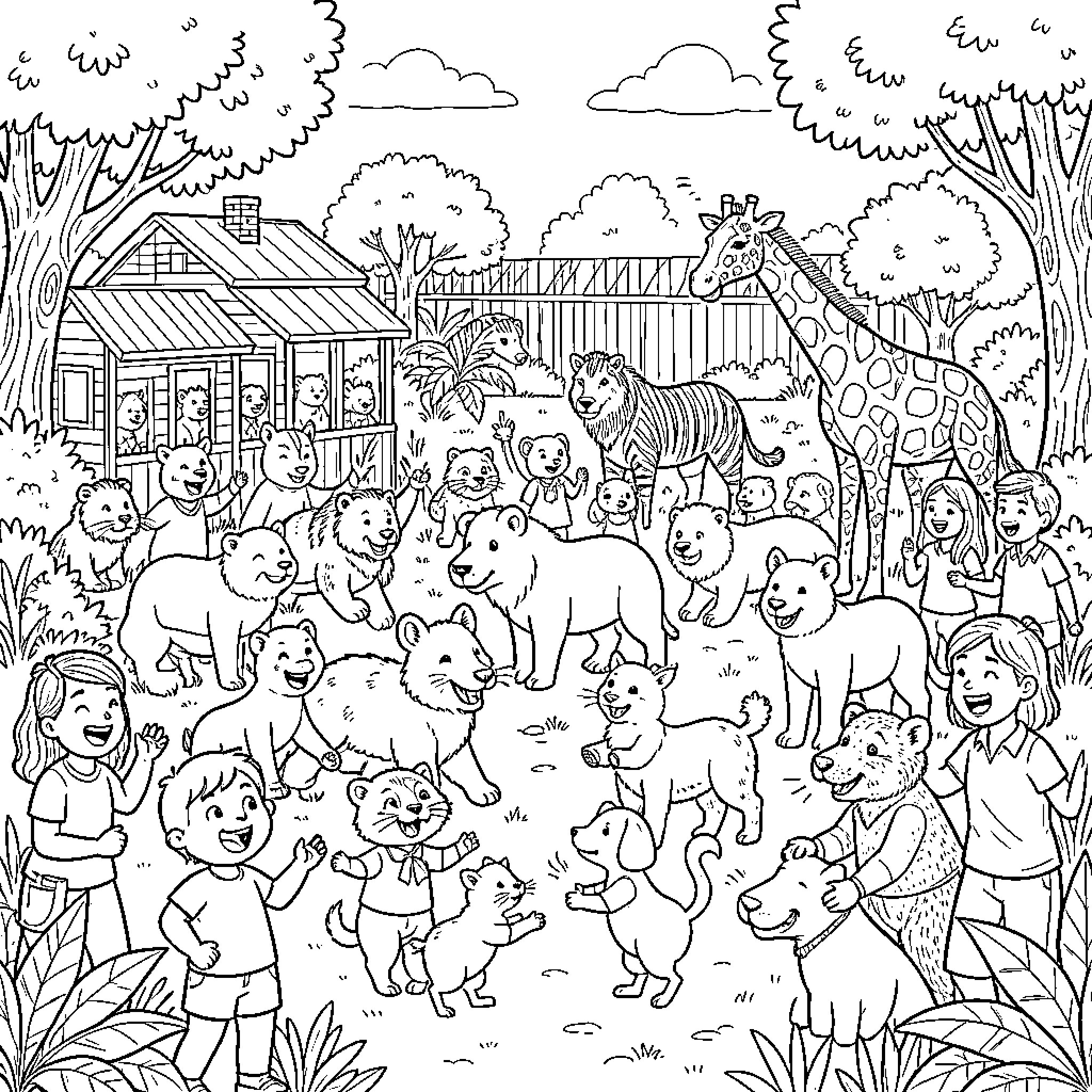 Zoo filled with excited animals and visitors Coloring Page (free black-and-white line drawing printable PDF for all, from beginners to advanced learners, including children, teens, adults, and seniors)