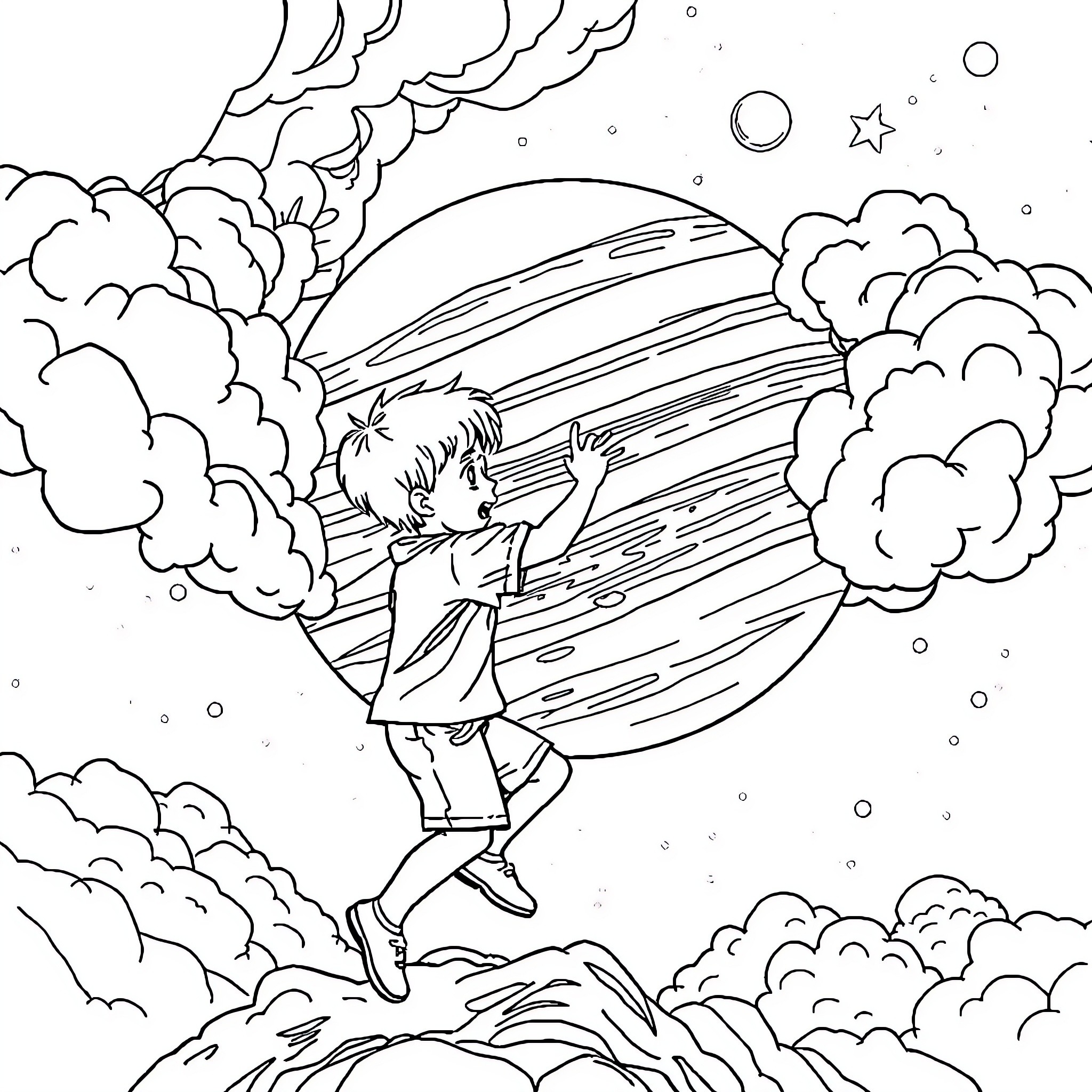 Siblings playing in the night sky Coloring Page (free black-and-white line drawing printable PDF for all, from beginners to advanced learners, including children, teens, adults, and seniors)