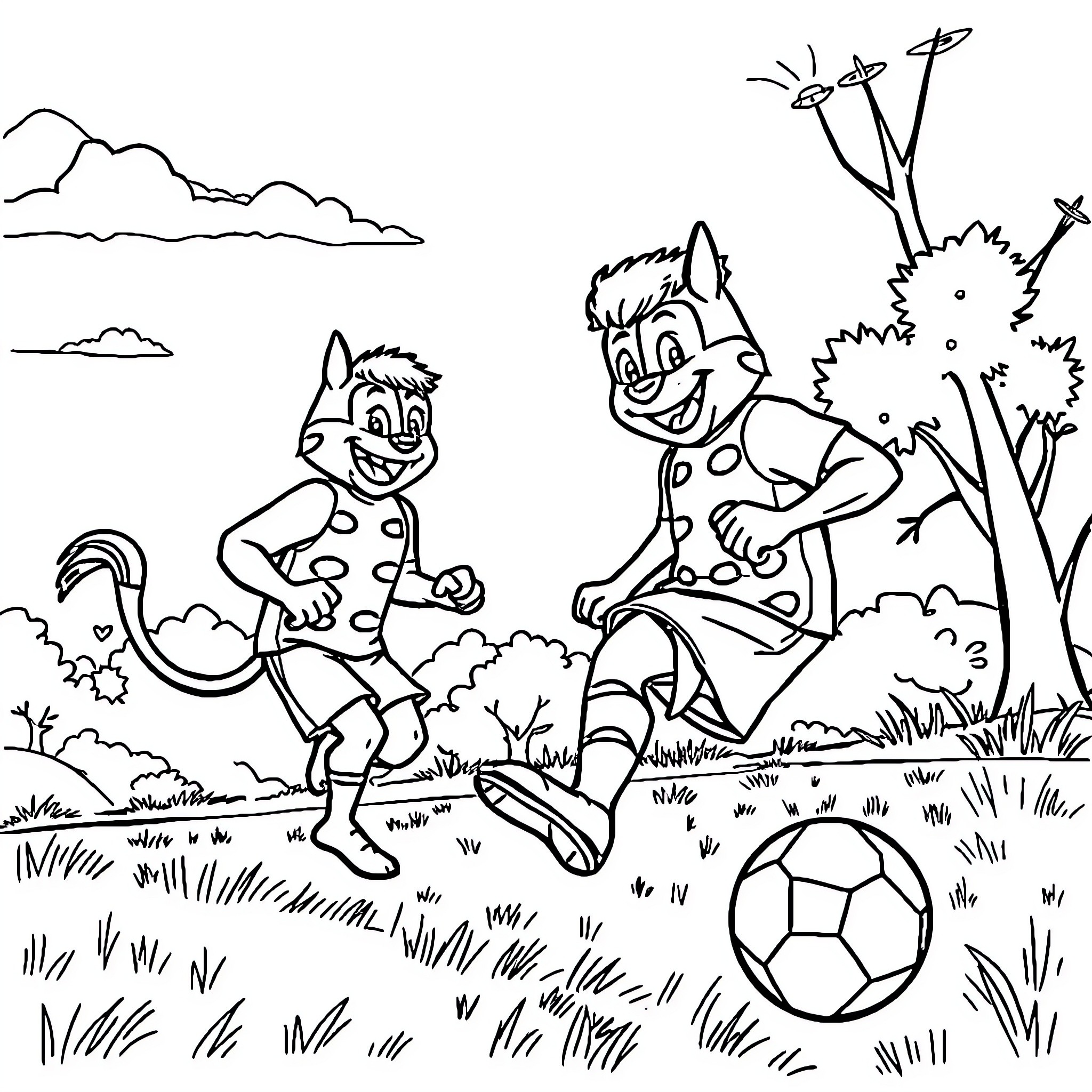 Kilua: Cartoon characters playing soccer in a field Coloring Page (free black-and-white line drawing printable PDF for all, from beginners to advanced learners, including children, teens, adults, and seniors)