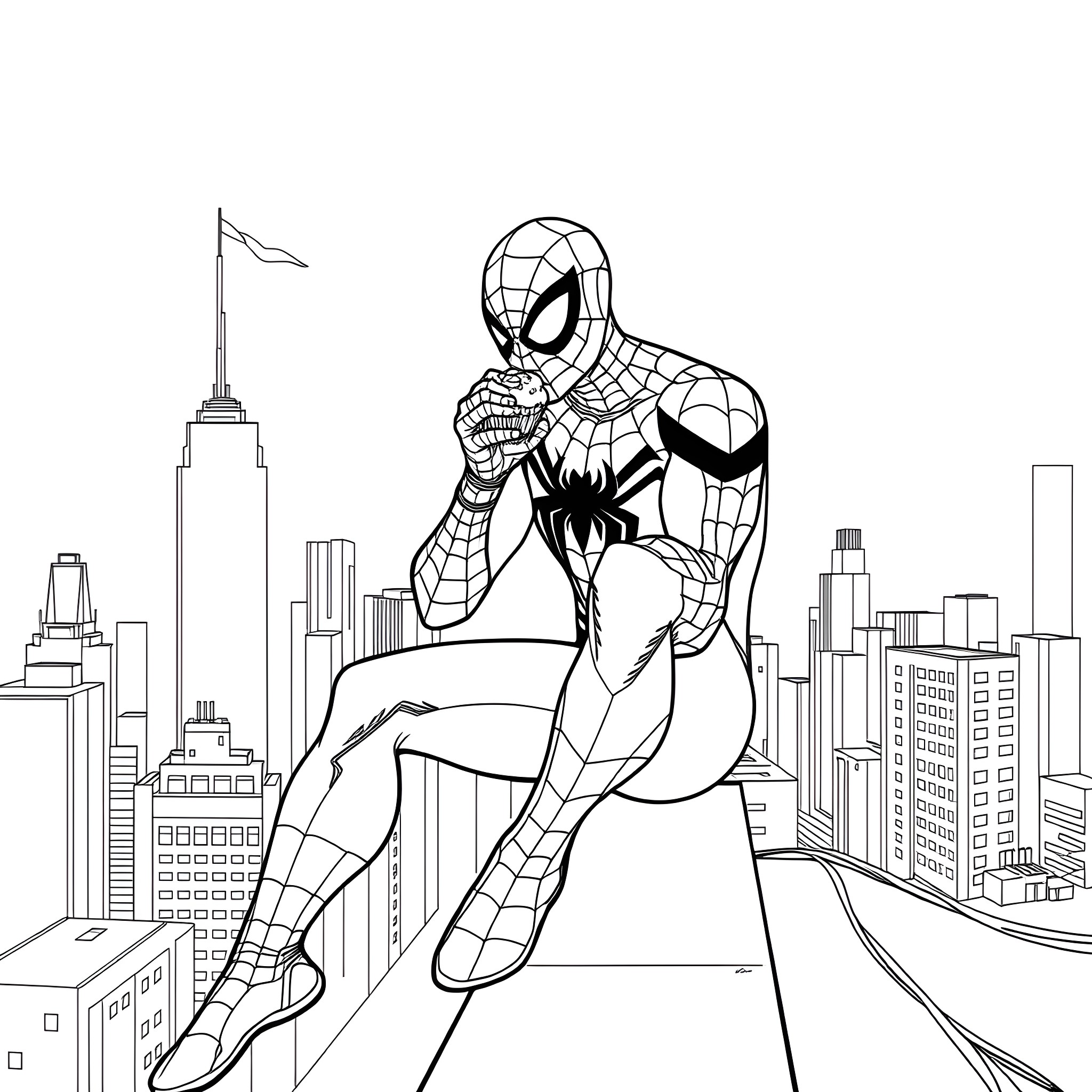 Spiderman swinging through the city with heroic pose Coloring Page (free black-and-white line drawing printable PDF for all, from beginners to advanced learners, including children, teens, adults, and seniors)