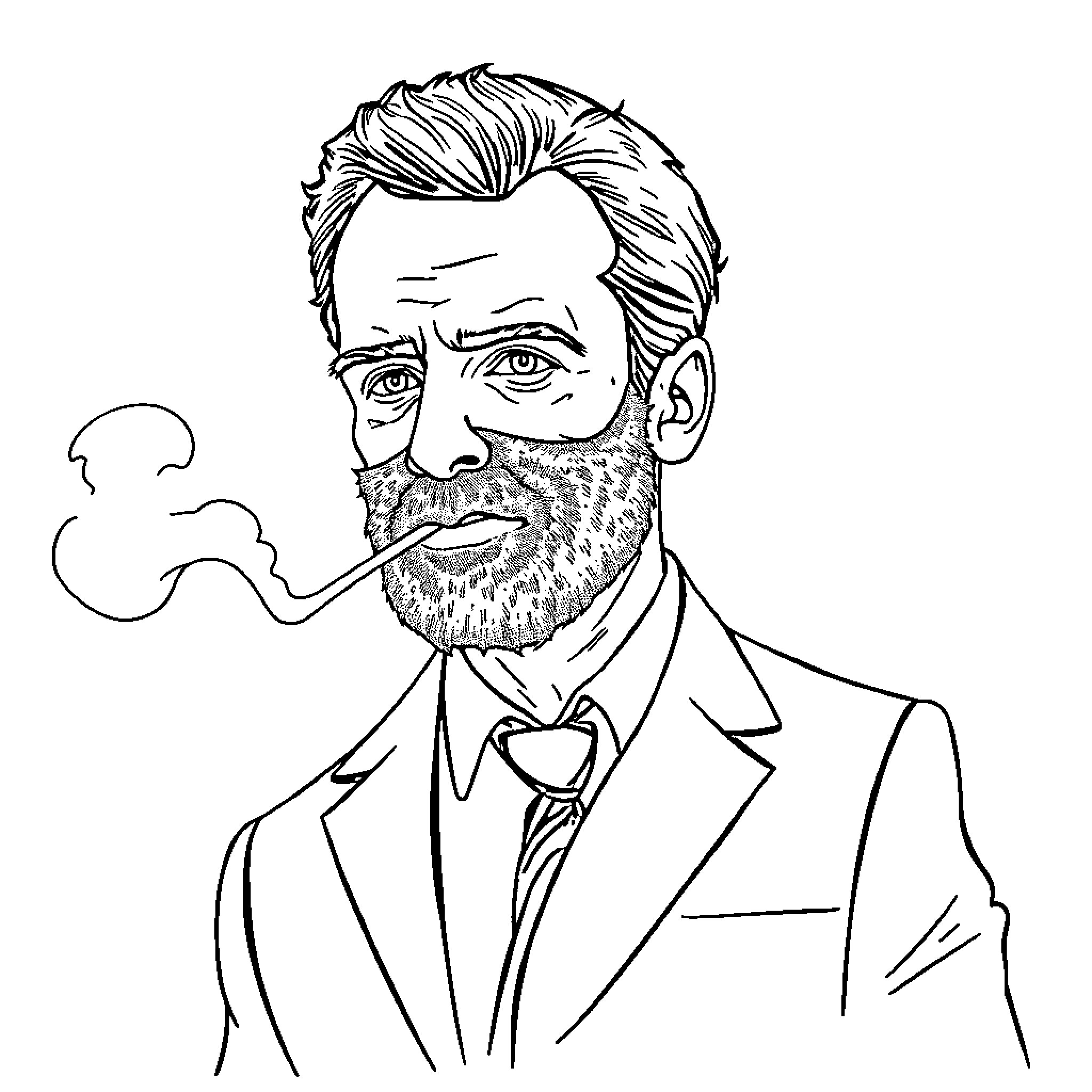 Macron in pensive mood, smoking cigar Coloring Page (free black-and-white line drawing printable PDF for all, from beginners to advanced learners, including children, teens, adults, and seniors)