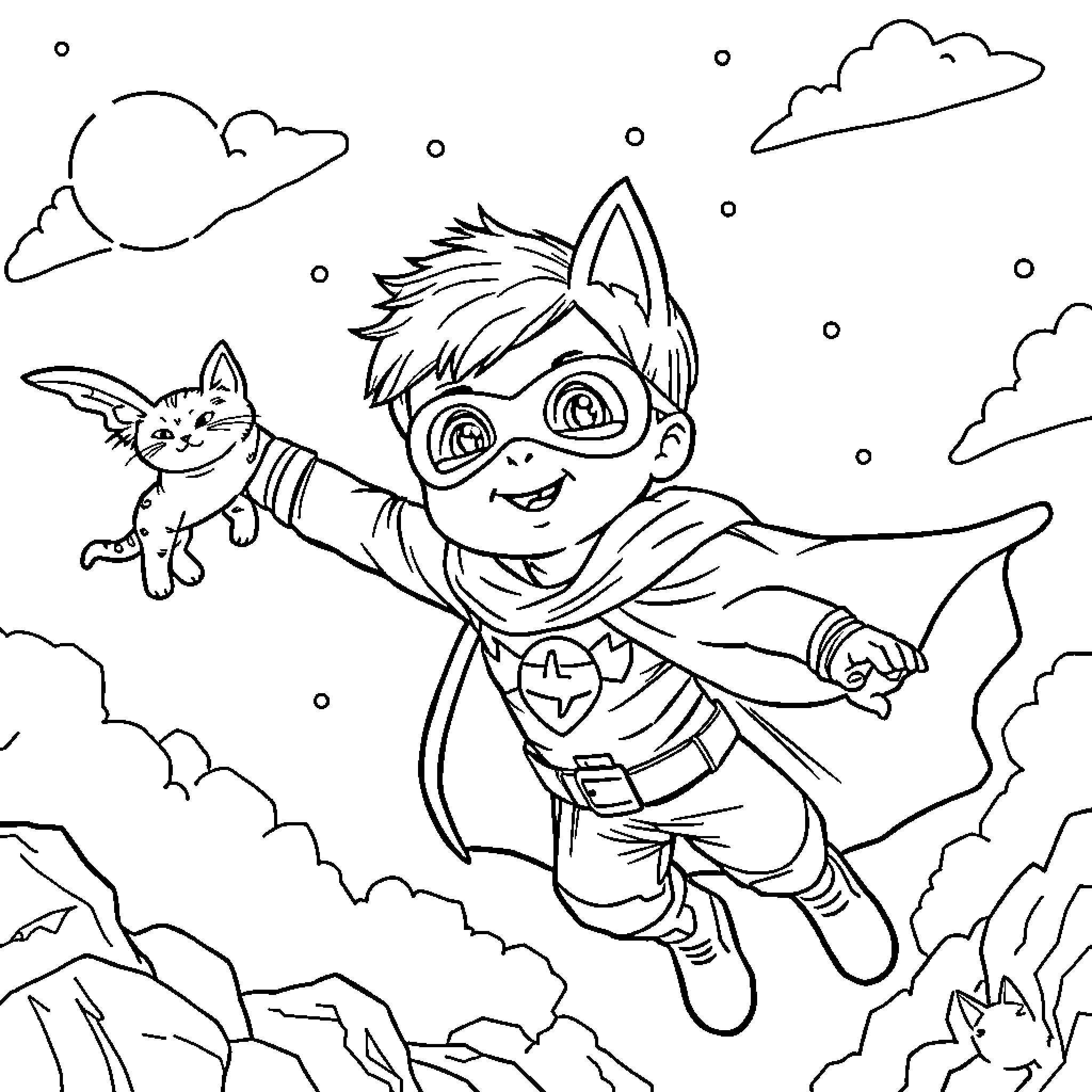 Niño superhéroe volando con su amigo gato Coloring Page (free black-and-white line drawing printable PDF for all, from beginners to advanced learners, including children, teens, adults, and seniors)