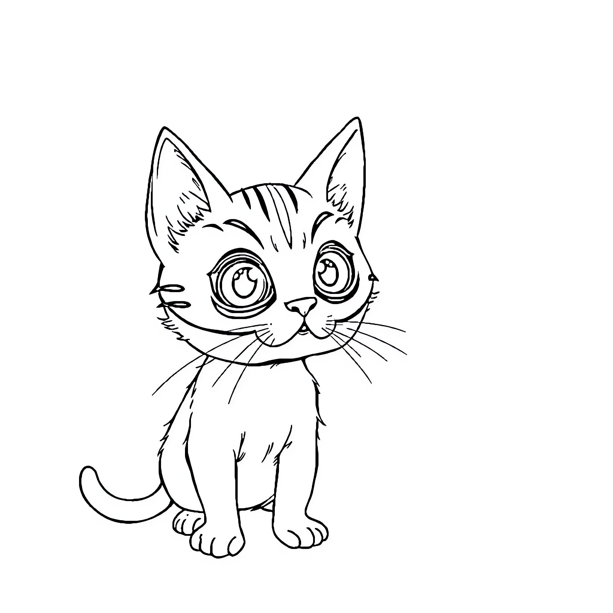 Cat with large eyes and pointed ears Coloring Page (free black-and-white line drawing printable PDF for all, from beginners to advanced learners, including children, teens, adults, and seniors)