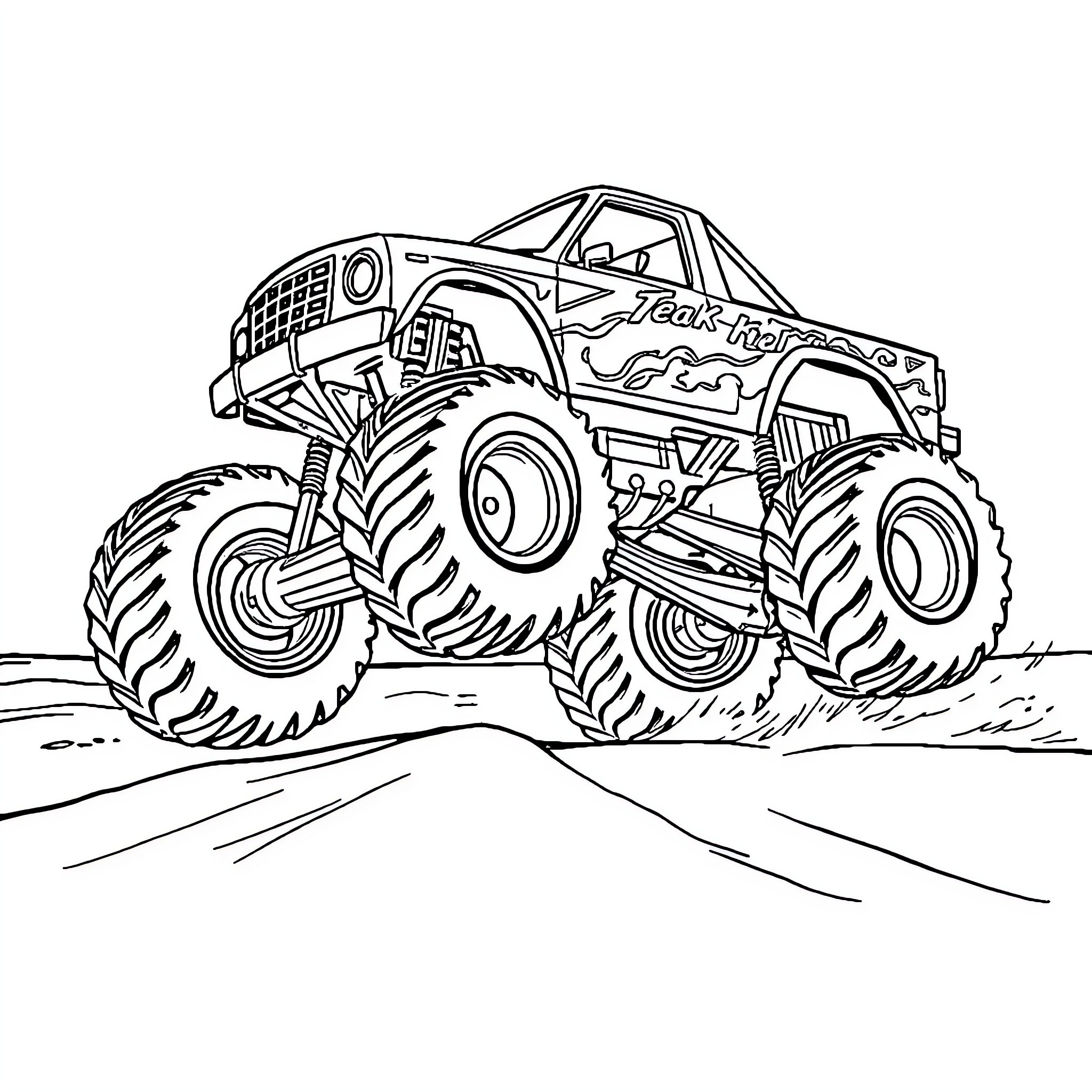 Monster Truck Jumping Over Rough Terrain Coloring Page (free black-and-white line drawing printable PDF for all, from beginners to advanced learners, including children, teens, adults, and seniors)