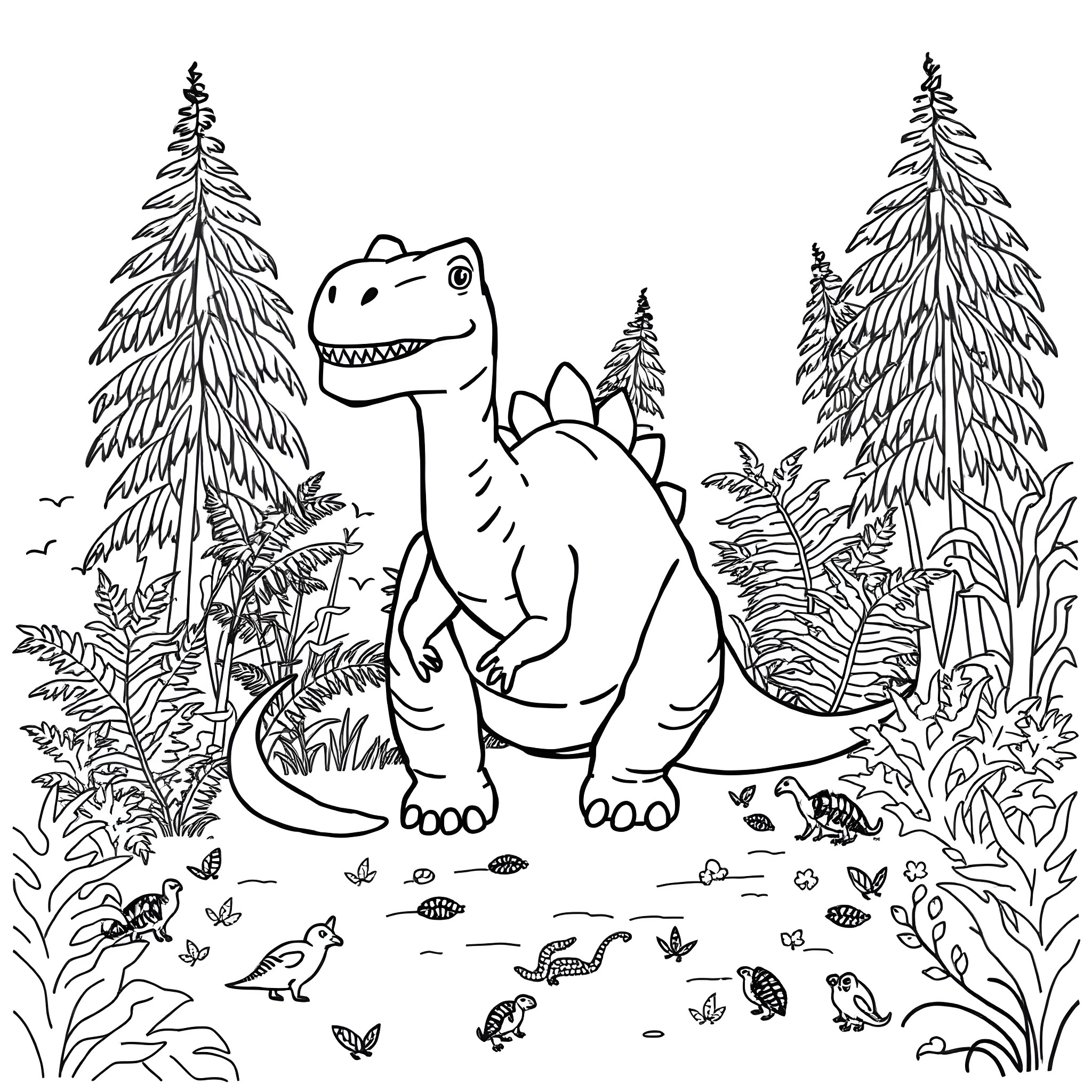 Dinosaur exploring the lush forest with pine trees Coloring Page (free black-and-white line drawing printable PDF for all, from beginners to advanced learners, including children, teens, adults, and seniors)