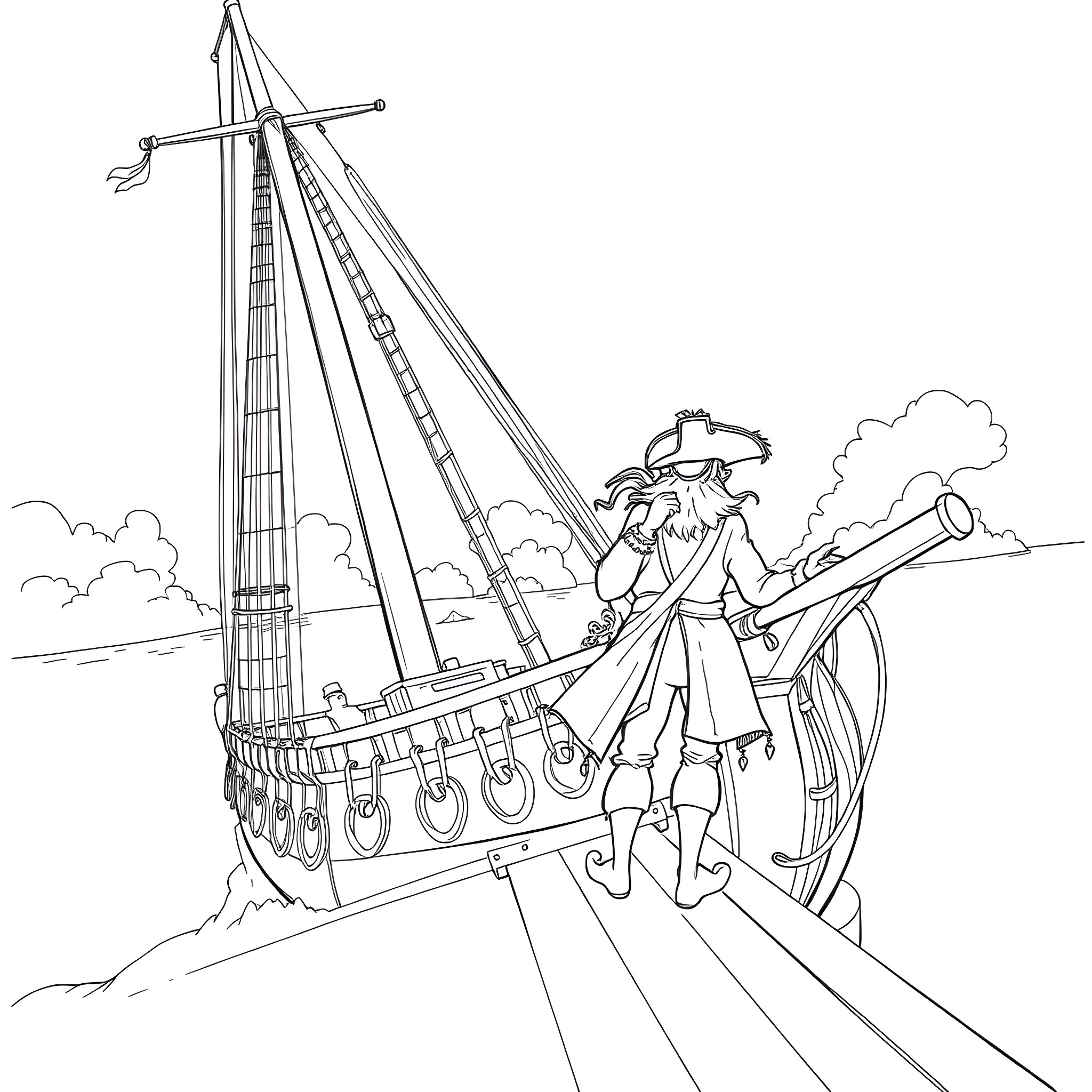 Long John Silver's Pirate Ship Adventure Coloring Page (free black-and-white line drawing printable PDF for all, from beginners to advanced learners, including children, teens, adults, and seniors)