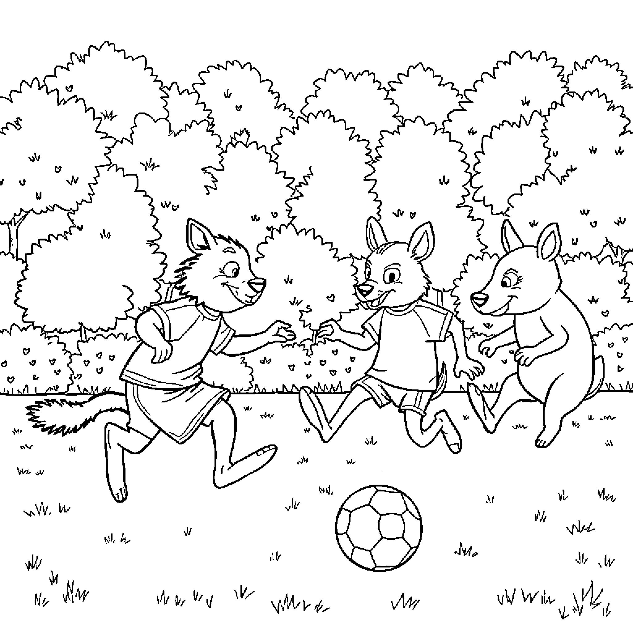 Animals playing joyfully with soccer ball in the forest Coloring Page (free black-and-white line drawing printable PDF for all, from beginners to advanced learners, including children, teens, adults, and seniors)