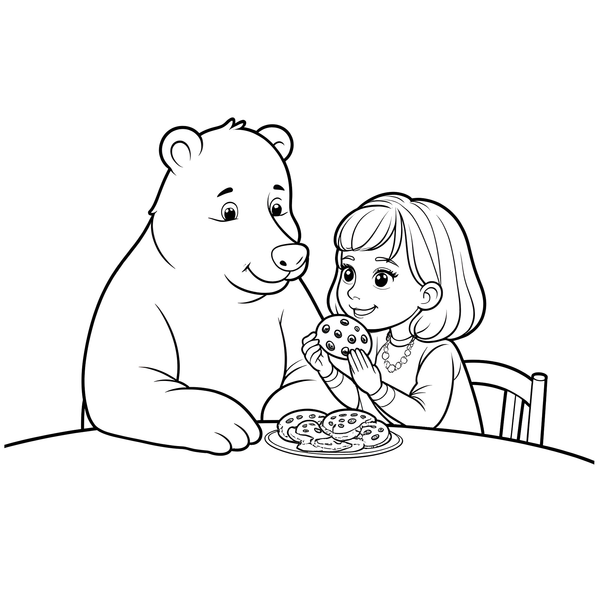 Masha and her teddy bear enjoy a snack together Coloring Page (free black-and-white line drawing printable PDF for all, from beginners to advanced learners, including children, teens, adults, and seniors)