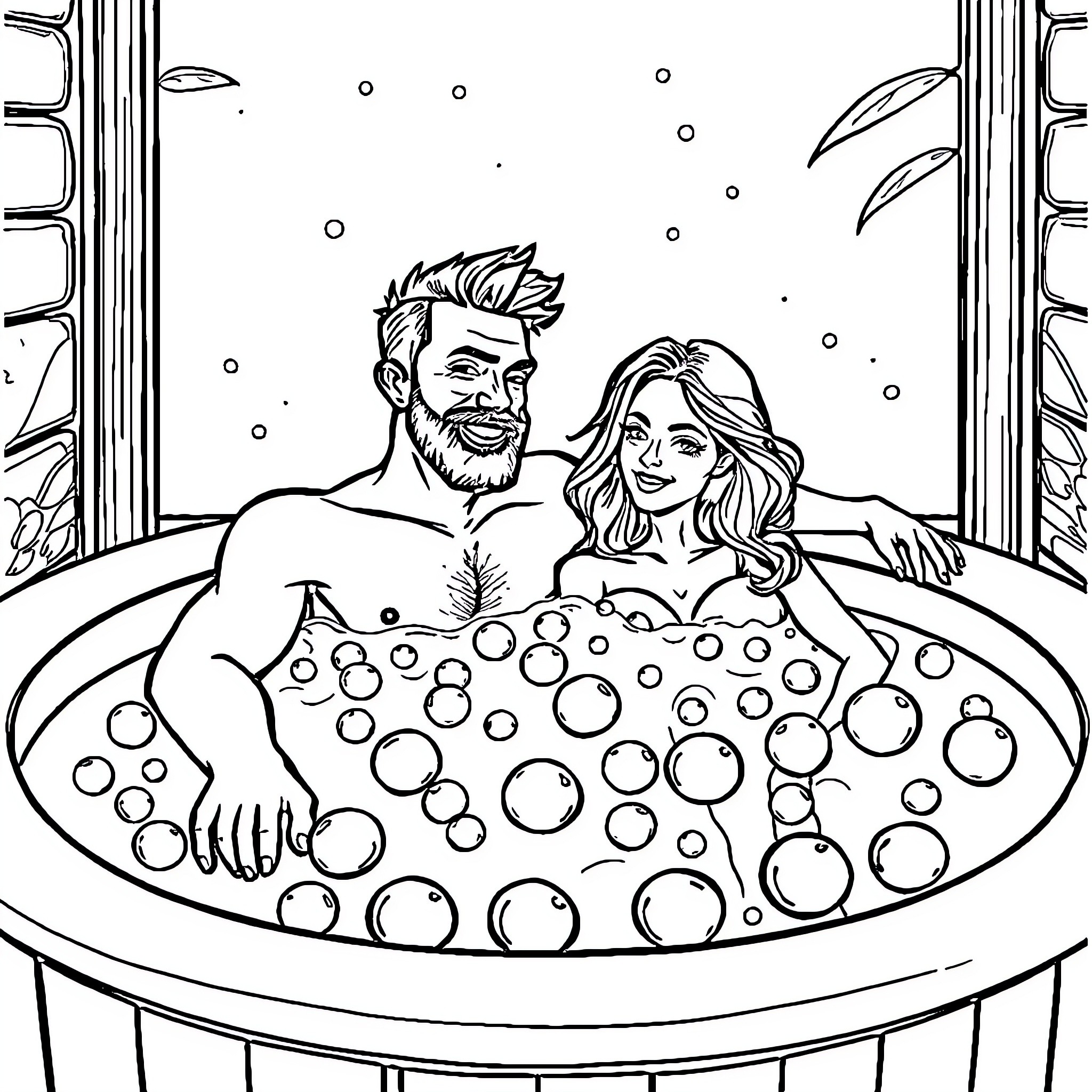 Lovers relaxing in bubble bath Coloring Page (free black-and-white line drawing printable PDF for all, from beginners to advanced learners, including children, teens, adults, and seniors)