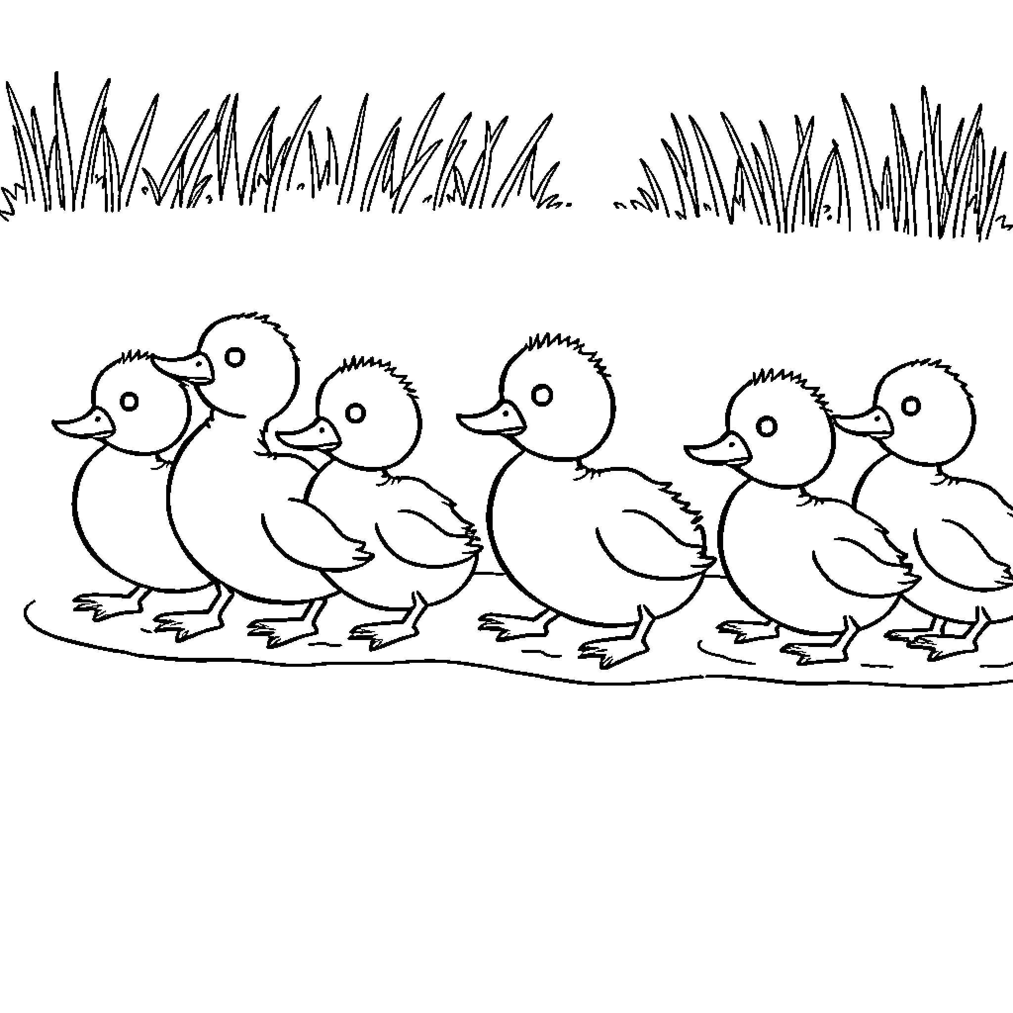 Seven ducklings waddling through the grass Coloring Page (free black-and-white line drawing printable PDF for all, from beginners to advanced learners, including children, teens, adults, and seniors)