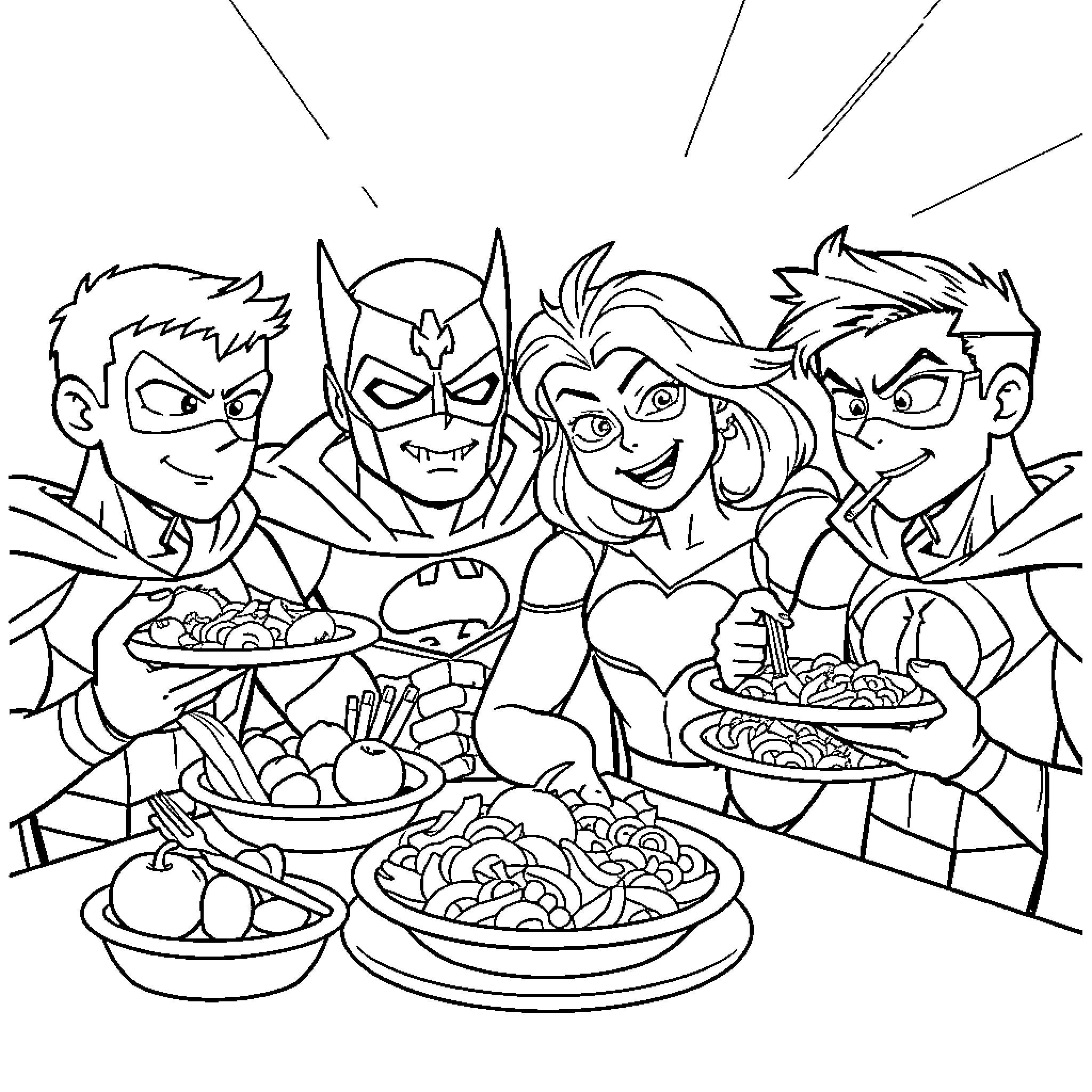 Superhero Group Enjoying a Meal Together Coloring Page (free black-and-white line drawing printable PDF for all, from beginners to advanced learners, including children, teens, adults, and seniors)