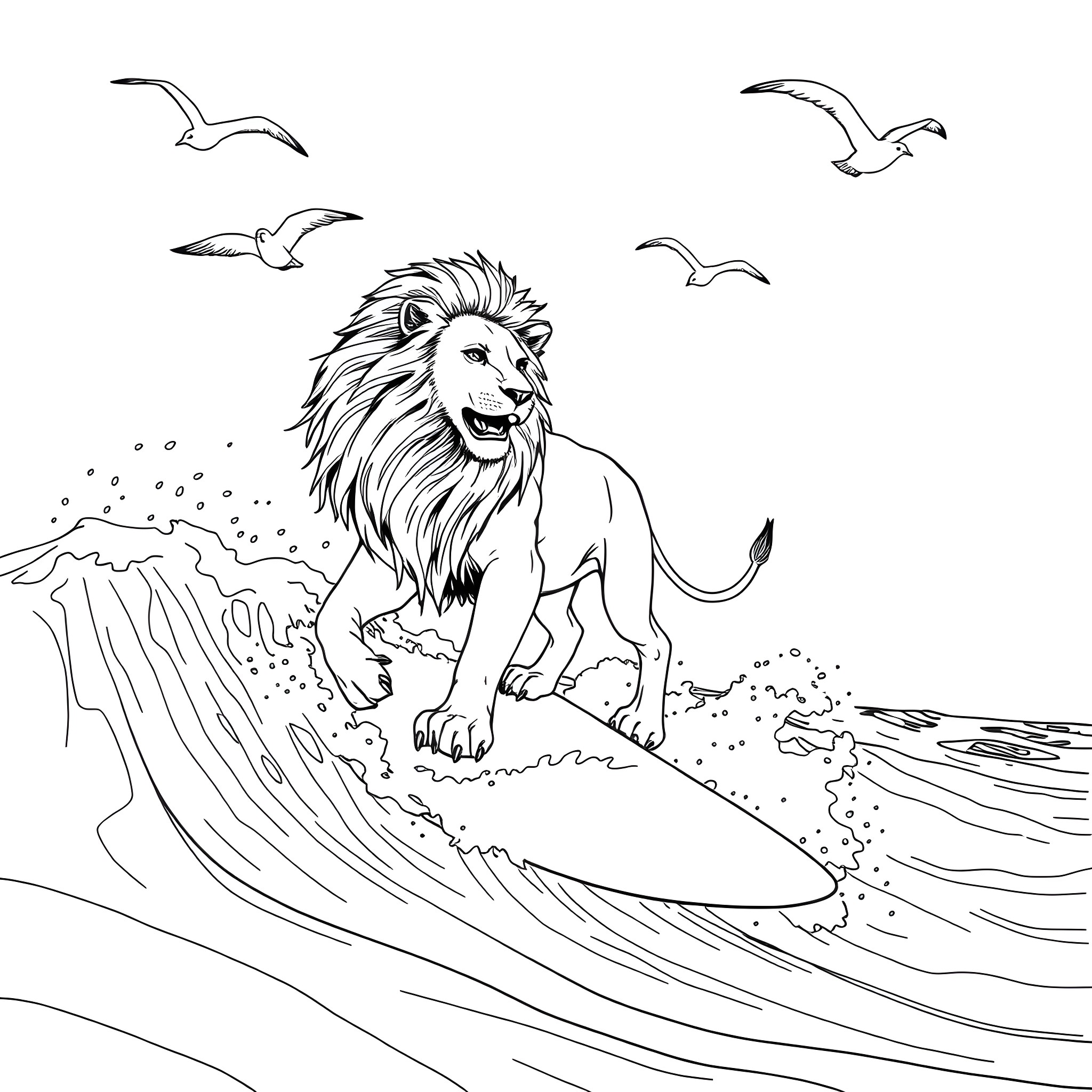 Lion surfing waves with seagulls in the sky Coloring Page (free black-and-white line drawing printable PDF for all, from beginners to advanced learners, including children, teens, adults, and seniors)