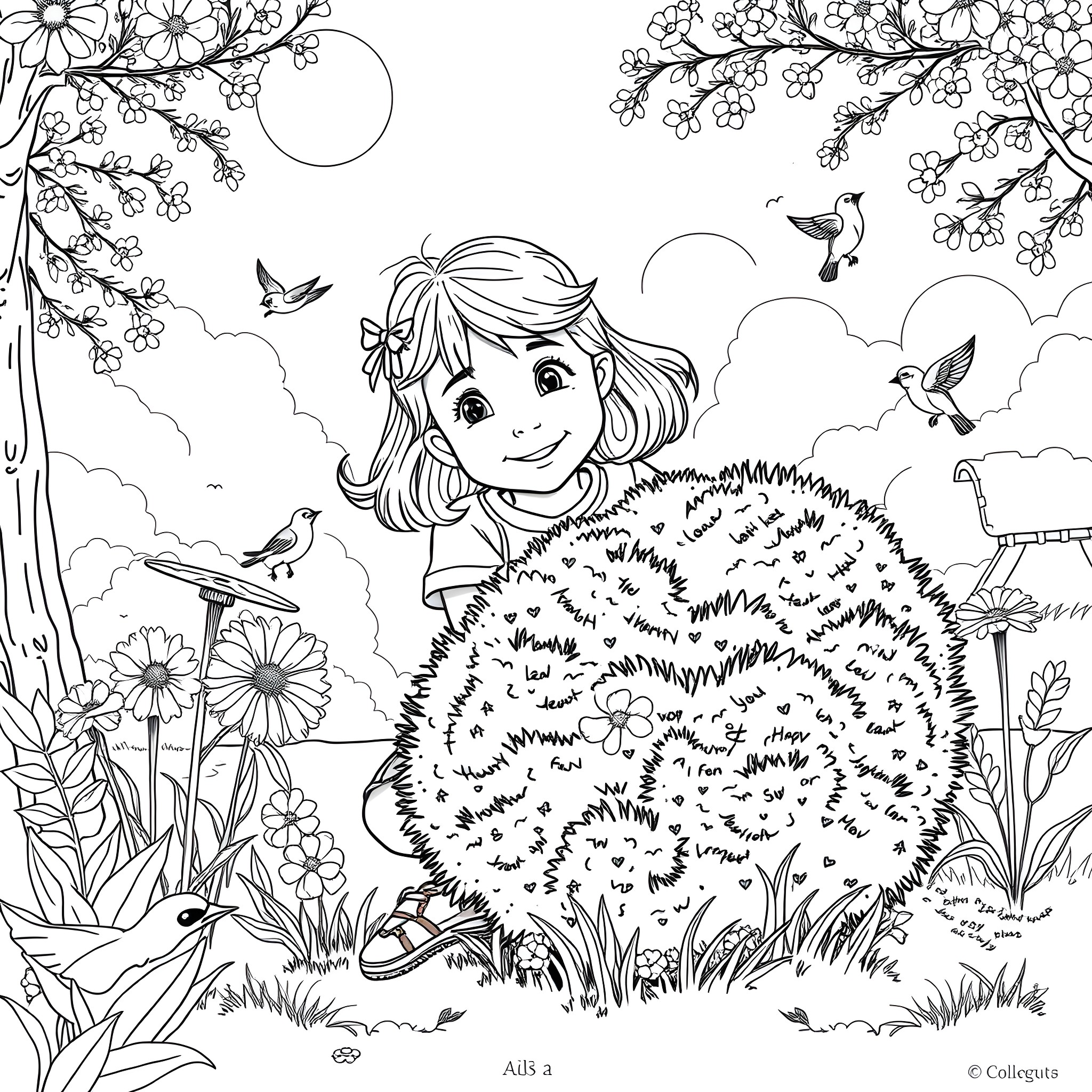 Girl playing happily in a flowery field Coloring Page (free black-and-white line drawing printable PDF for all, from beginners to advanced learners, including children, teens, adults, and seniors)