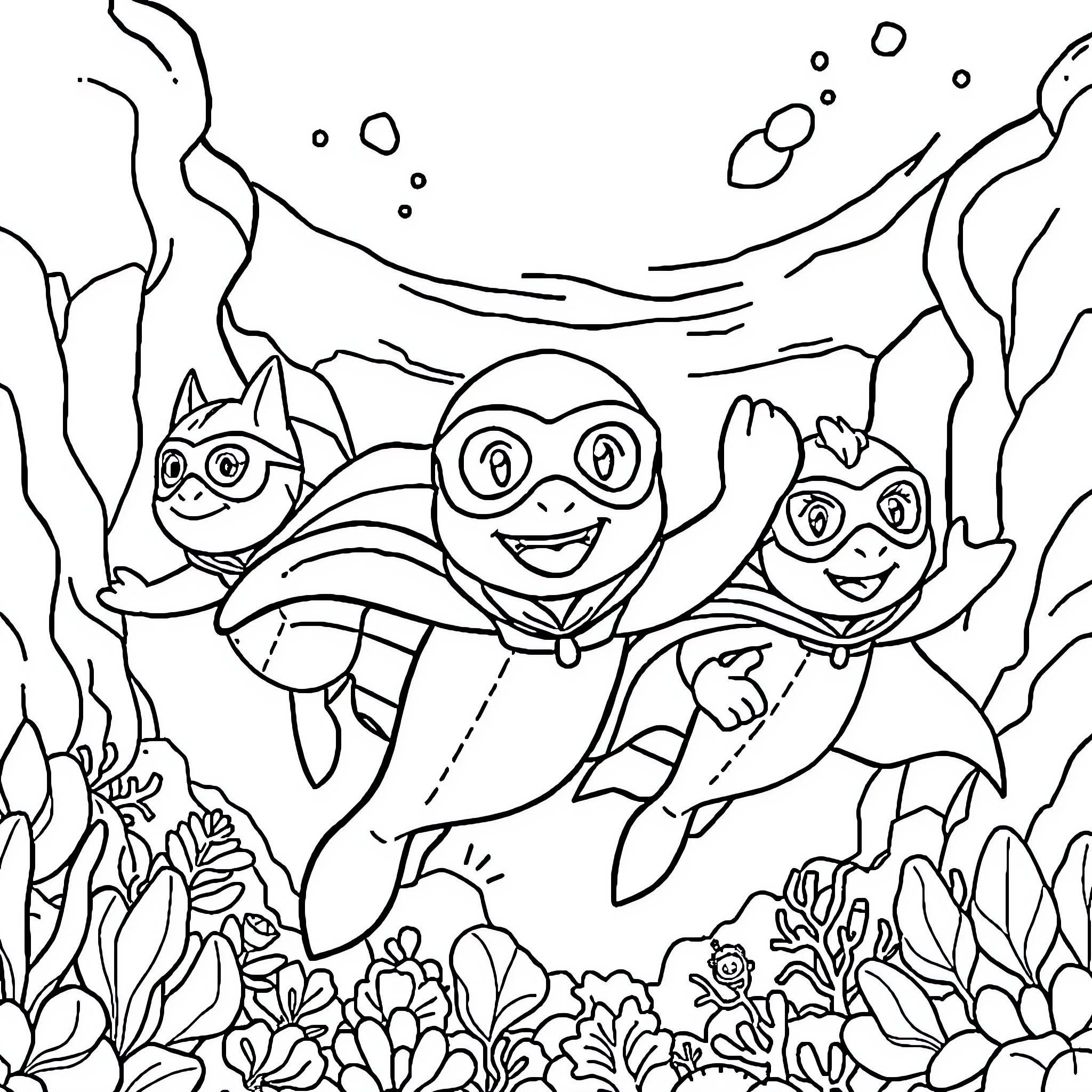 Sea Animals Swimming Happily in the Ocean Coloring Page (free black-and-white line drawing printable PDF for all, from beginners to advanced learners, including children, teens, adults, and seniors)