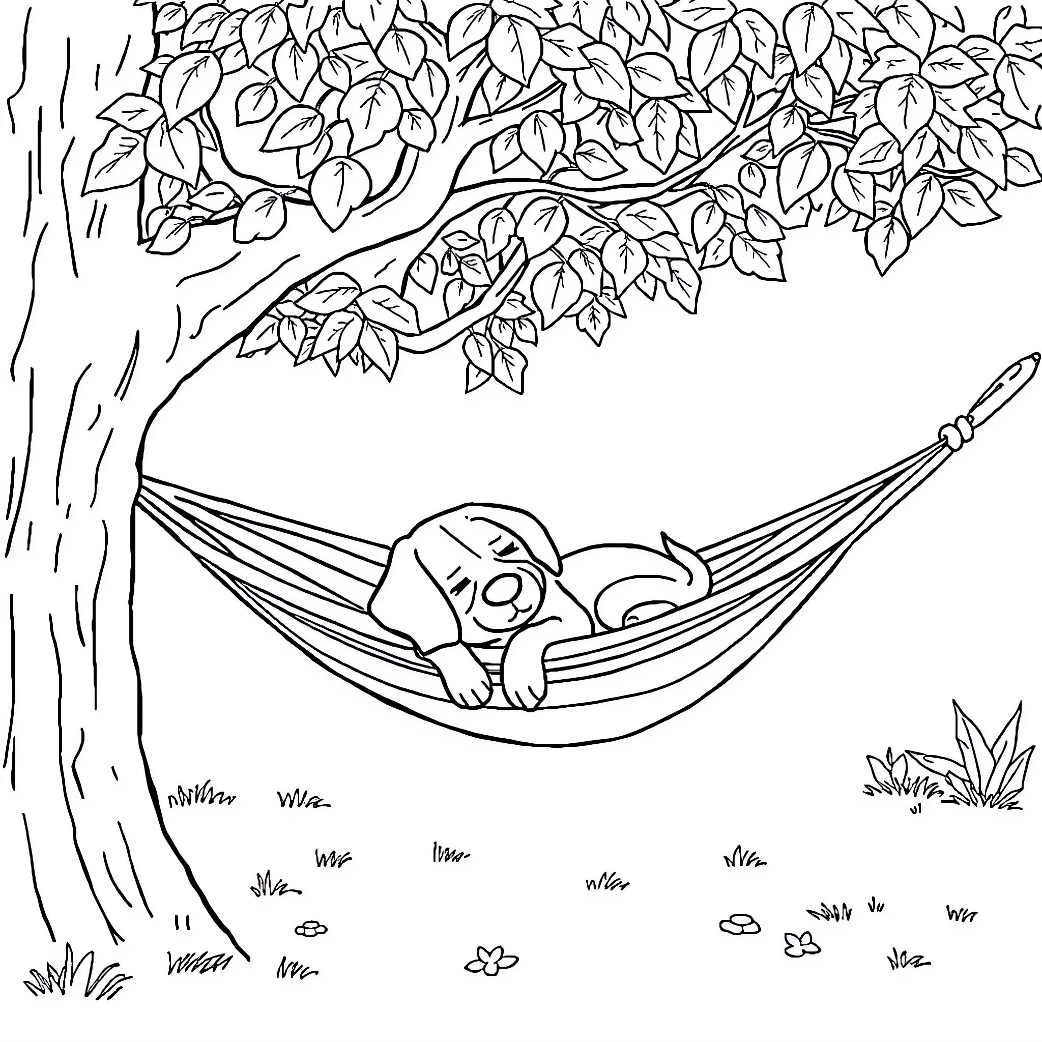 Beagle relaxing in a hammock under a tree Coloring Page (free black-and-white line drawing printable PDF for all, from beginners to advanced learners, including children, teens, adults, and seniors)