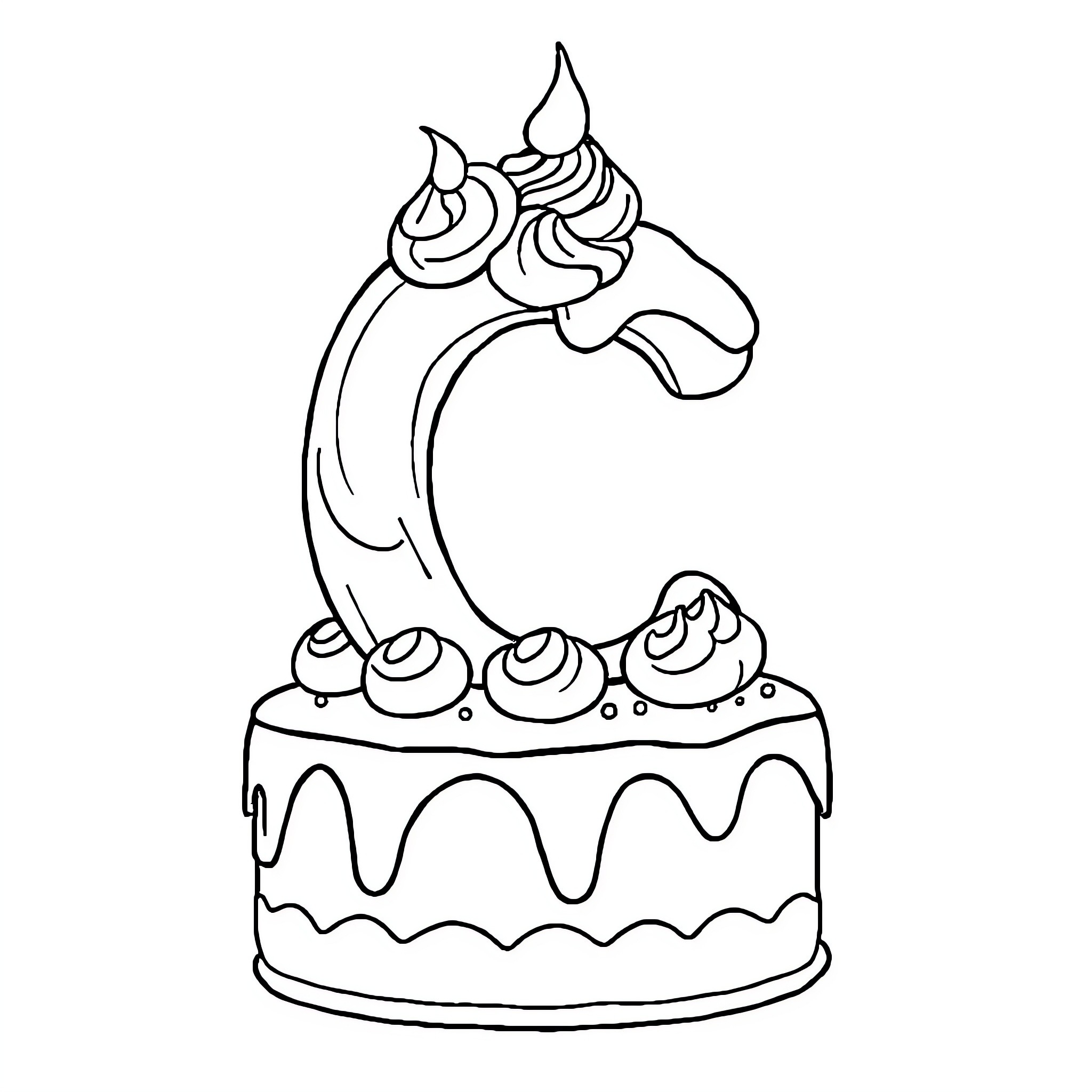 Letter C Decorative Cake with Swirls Coloring Page (free black-and-white line drawing printable PDF for all, from beginners to advanced learners, including children, teens, adults, and seniors)