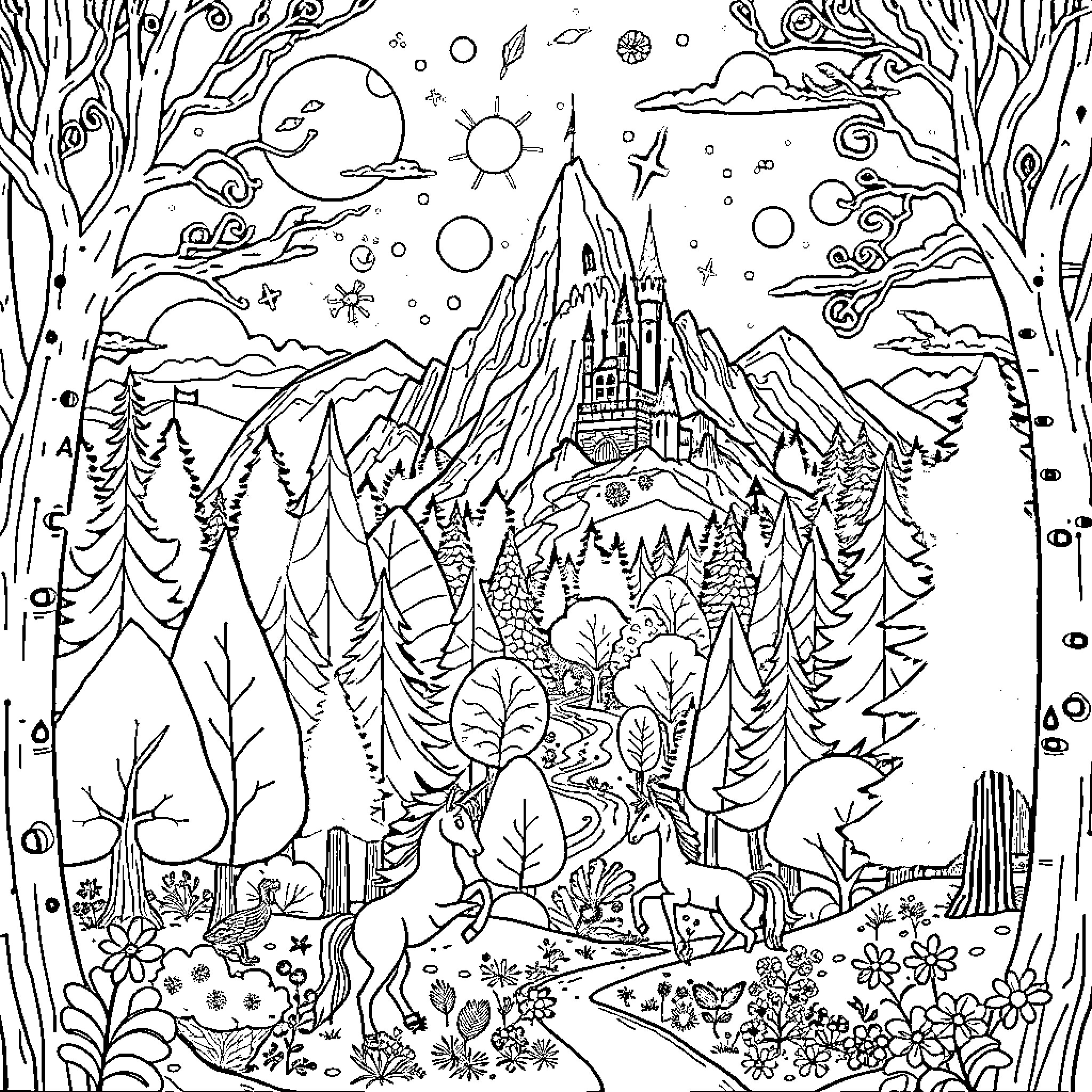 Forest Landscape with Fantasy Castle and Magical Elements Coloring Page (free black-and-white line drawing printable PDF for all, from beginners to advanced learners, including children, teens, adults, and seniors)