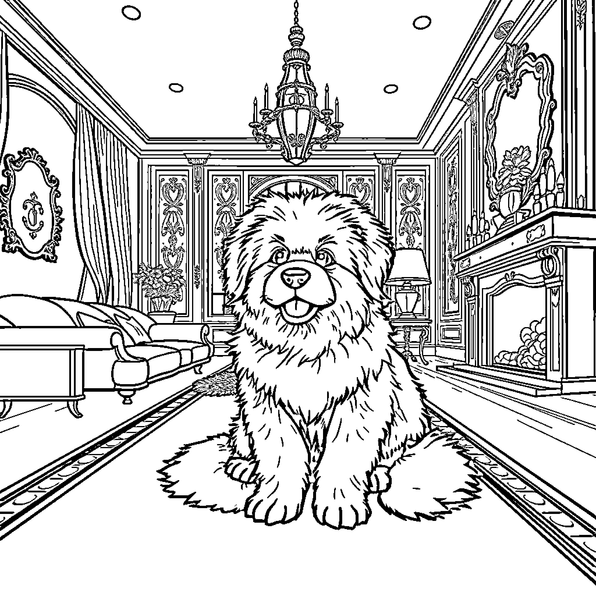 Dog sitting happily in an elegant room Coloring Page (free black-and-white line drawing printable PDF for all, from beginners to advanced learners, including children, teens, adults, and seniors)