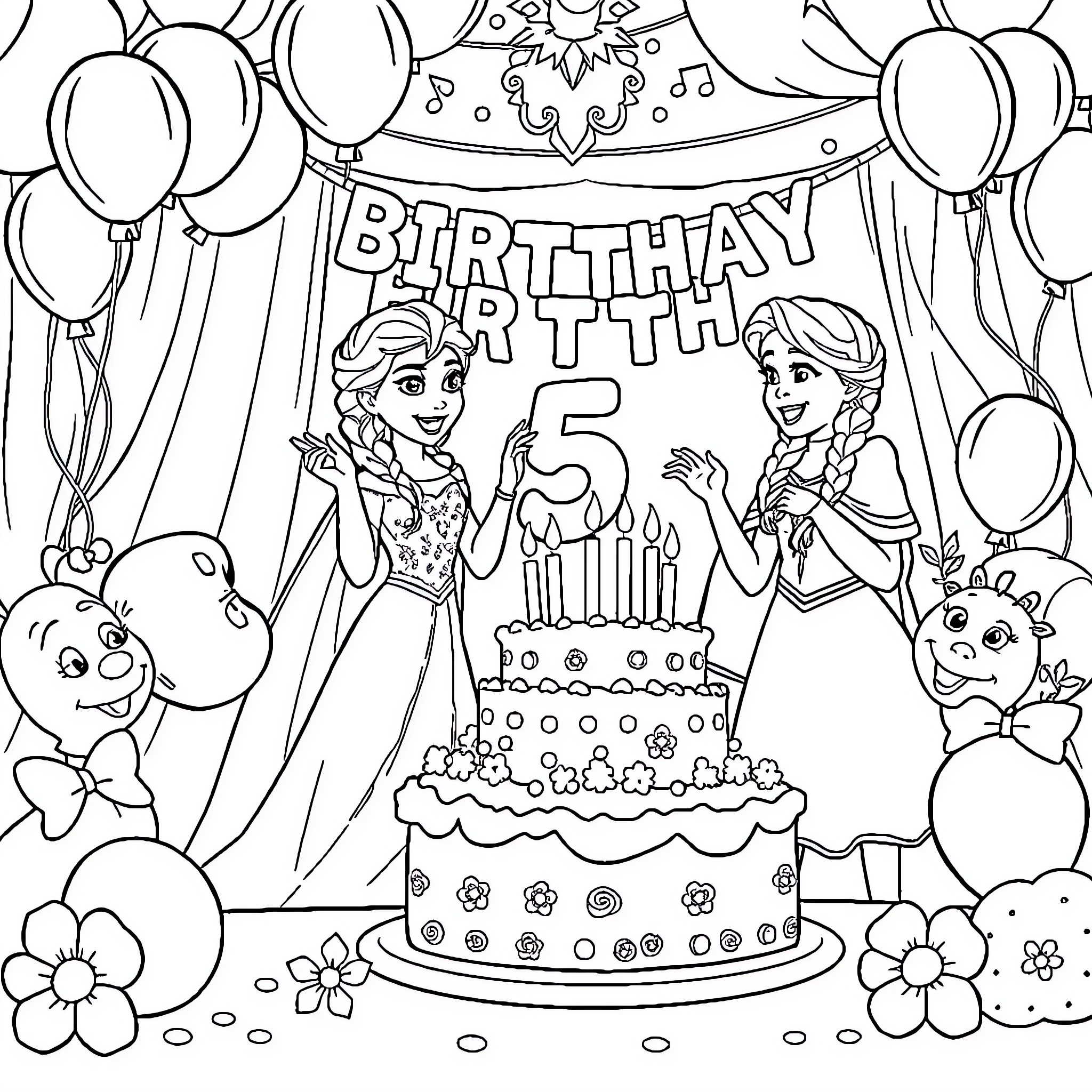 Frozen Characters Celebrating 5th Birthday Party Coloring Page (free black-and-white line drawing printable PDF for all, from beginners to advanced learners, including children, teens, adults, and seniors)