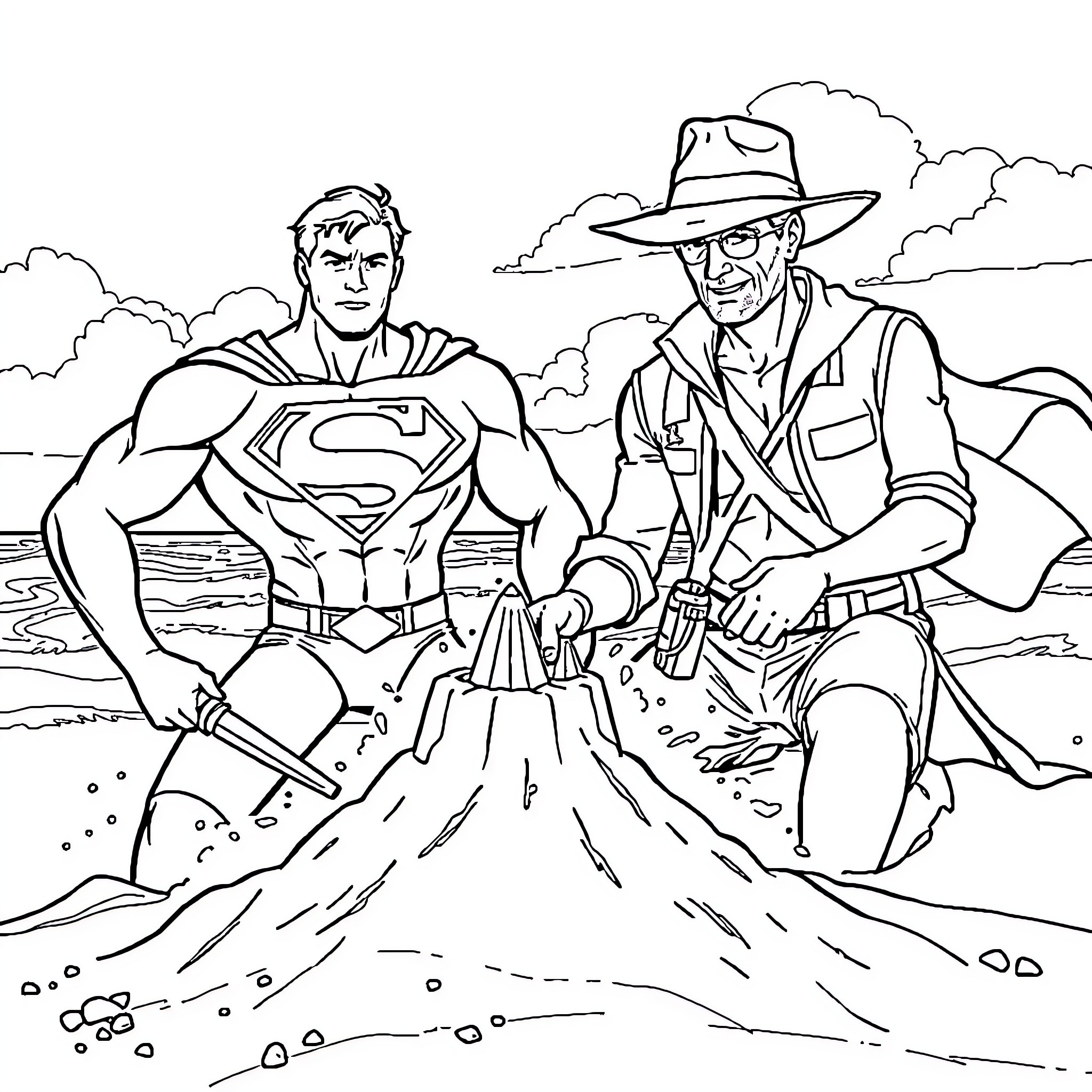 Superman and Indiana Jones in Adventure Coloring Page (free black-and-white line drawing printable PDF for all, from beginners to advanced learners, including children, teens, adults, and seniors)