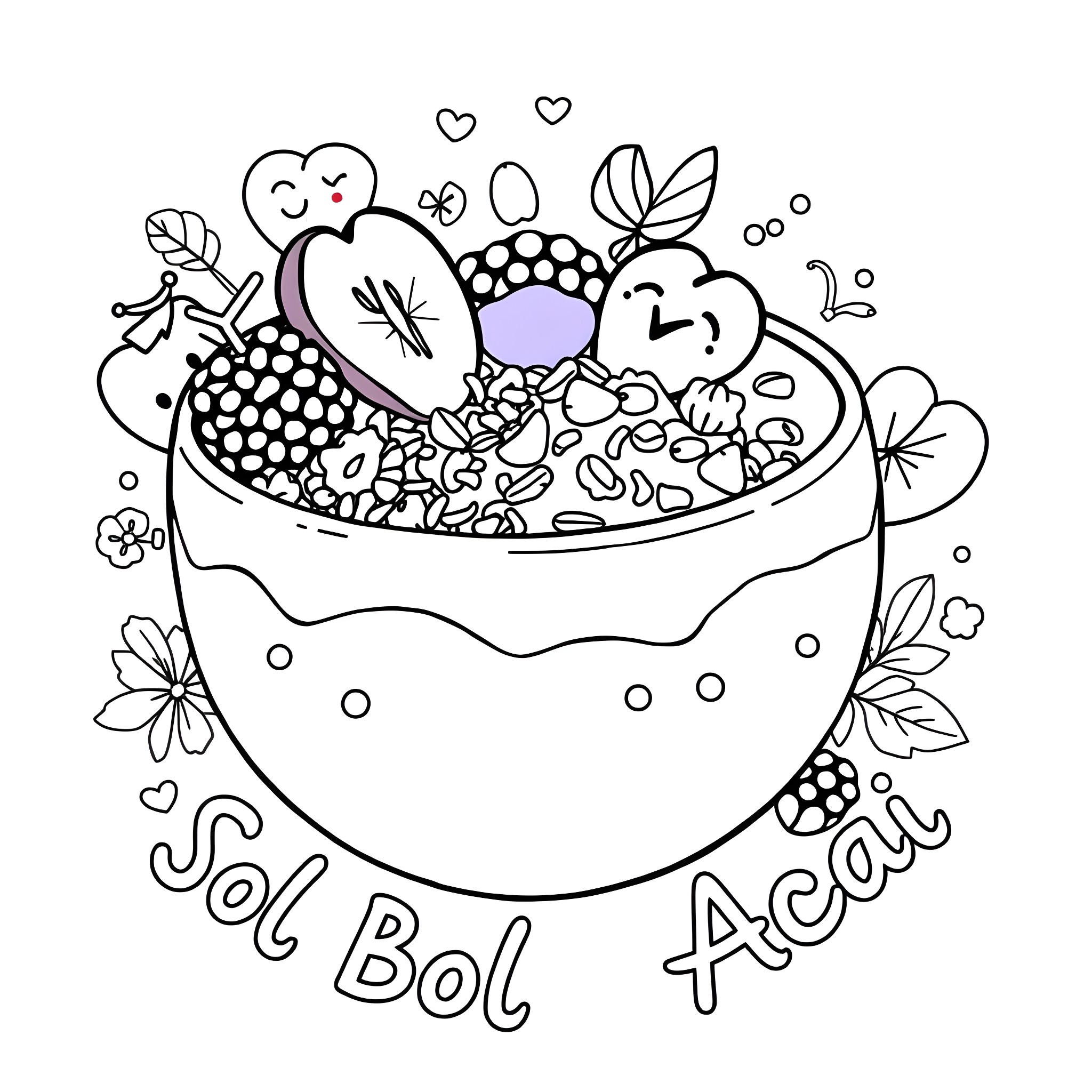Acai Bowl with Joyful Ingredients Coloring Page (free black-and-white line drawing printable PDF for all, from beginners to advanced learners, including children, teens, adults, and seniors)